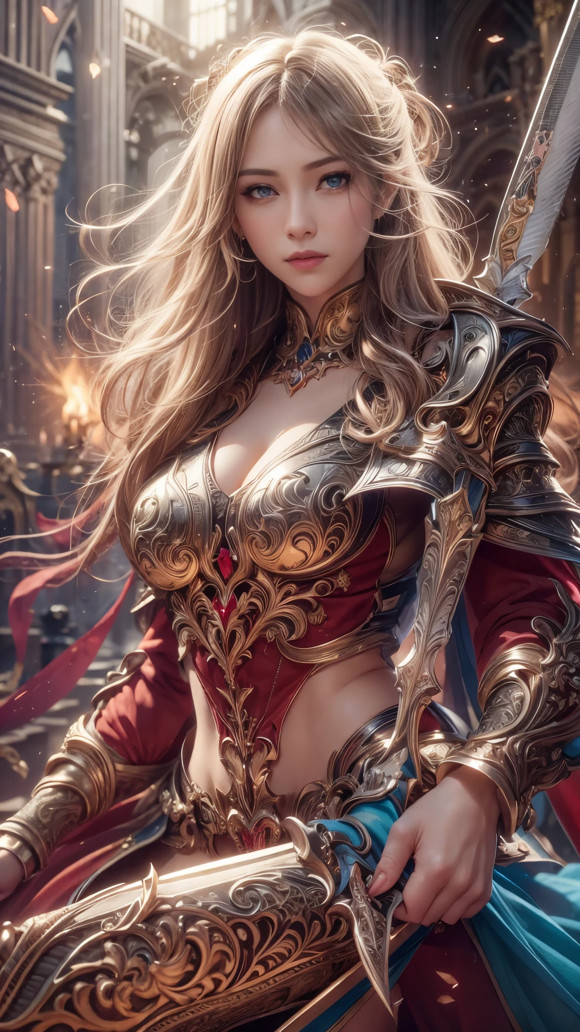 (RAW shooting:1.5, Photoreal:1.5, 8k, highest quality, masterpiece, ultra high resolution), medieval europe, world of magic and swords, perfect dynamic composition:1.2, Mysterious:1.3, Highly detailed skin and facial textures:1.3, cute and sexy slim female warrior, beautiful and aesthetic:1.2, cute and sexy beauty, perfect style, wear elaborate rings, Pose swinging a large sword, fire, water, Wind, thunder, ice, Fair skin, very beautiful face, (Medium chest, Chest gap), (embarrassing smile, The expression on your face when you feel intense caress, Facial expression when feeling pleasure), (sexy gold metallic armor:1.1, off shoulder, Navel exposure), (beautiful blue eyes, Eyes that feel beautiful eros:0.8), (Too erotic:0.9, Bewitching:0.9), full body shot, Ancient castle in the background