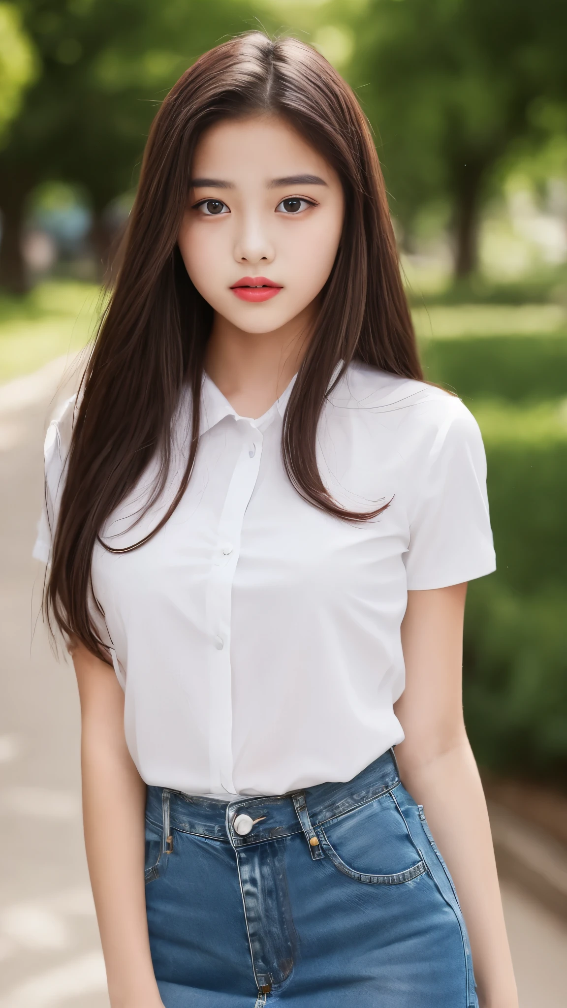Beautiful Latina teenager, short sleeve shirt, denim mini skirt, cute girl, white eyes