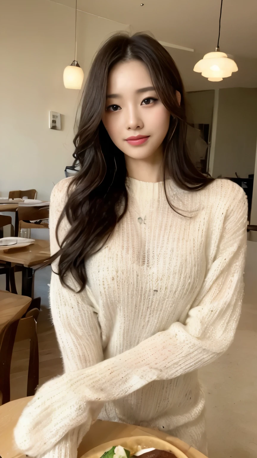 ((top-quality、8k、masterpiece:1.3))、Beautiful woman with perfect body:1.4、slim abdomen:1.2、Longhair, normal breast, Highly detailed facial and skin texture, A detailed eye, delicate eyes, double eyelid, (smile), (full body shot), ((high class restaurant)), (sitting on chair), (((wearing white sweater dress1.1)), looking in front, (food on table)
