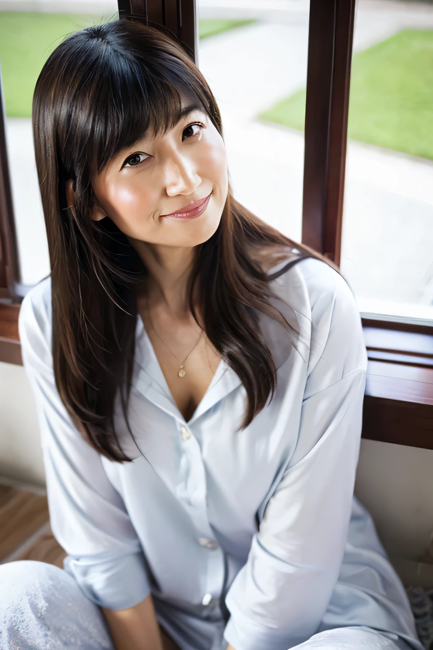 8k、highest quality、masterpiece、超A high resolution、photograph、The elegance of beautiful Japanese women、Single-lens reflex camera、There are some good ones too、A transparent atmosphere、sexy lip、slanted bangs、beautiful face、long hair、make bangs、smile、natural soft light、26 year old girl、Wake up、pajamas、bed、sit、white wall、window、Asahi