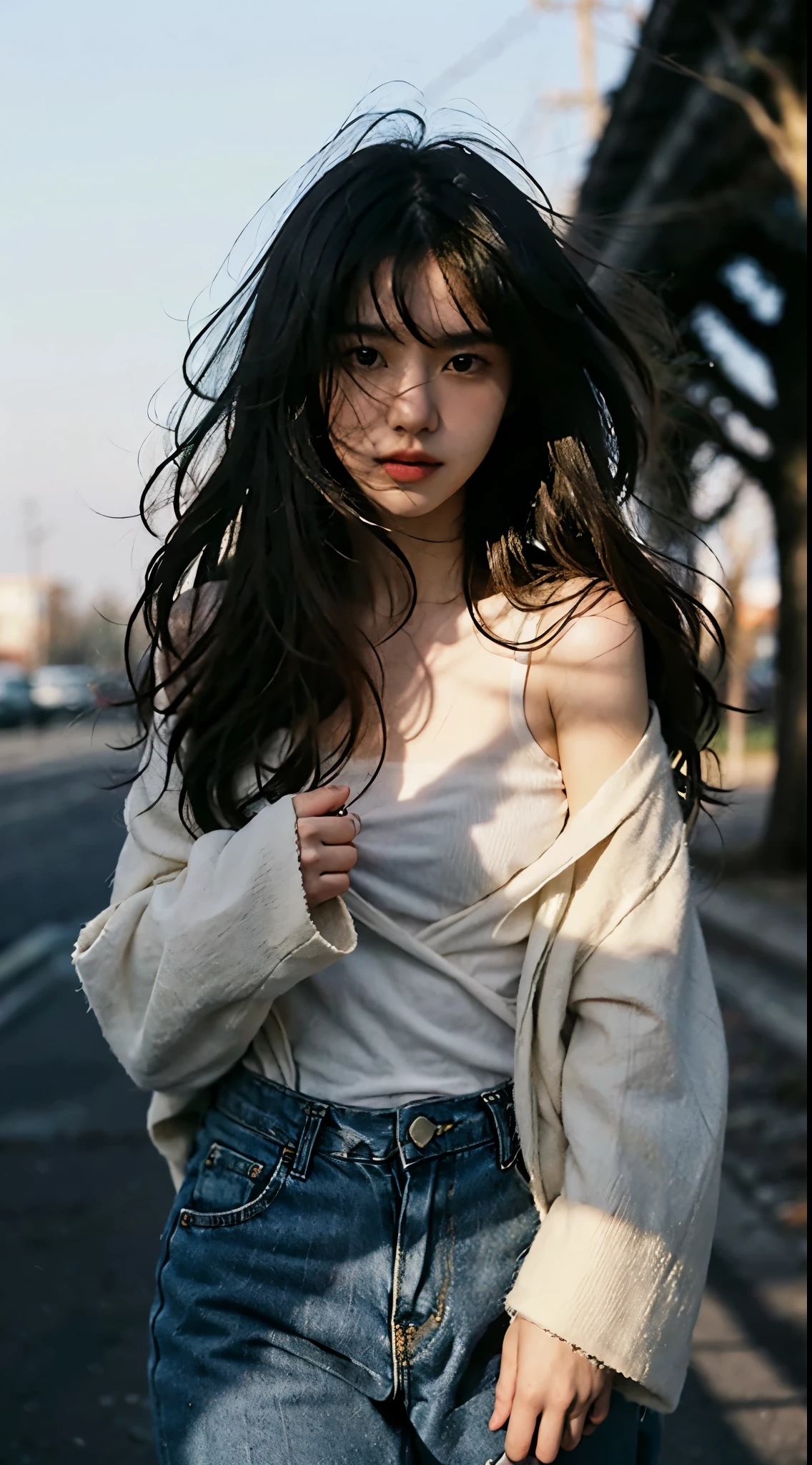 best quality,masterpiece,ultra high resolution,(realistically:1.4),RAW photos,Beautiful and beautiful,deep shadow,dark theme,2 girls,Exquisite facial features,long white hair,smilingly,(The wind blows the hair,Black hair with bangs),Three point undressing,small face,16 years old),Plump body,toned body,denim lenses,Exterior,afternoon sun