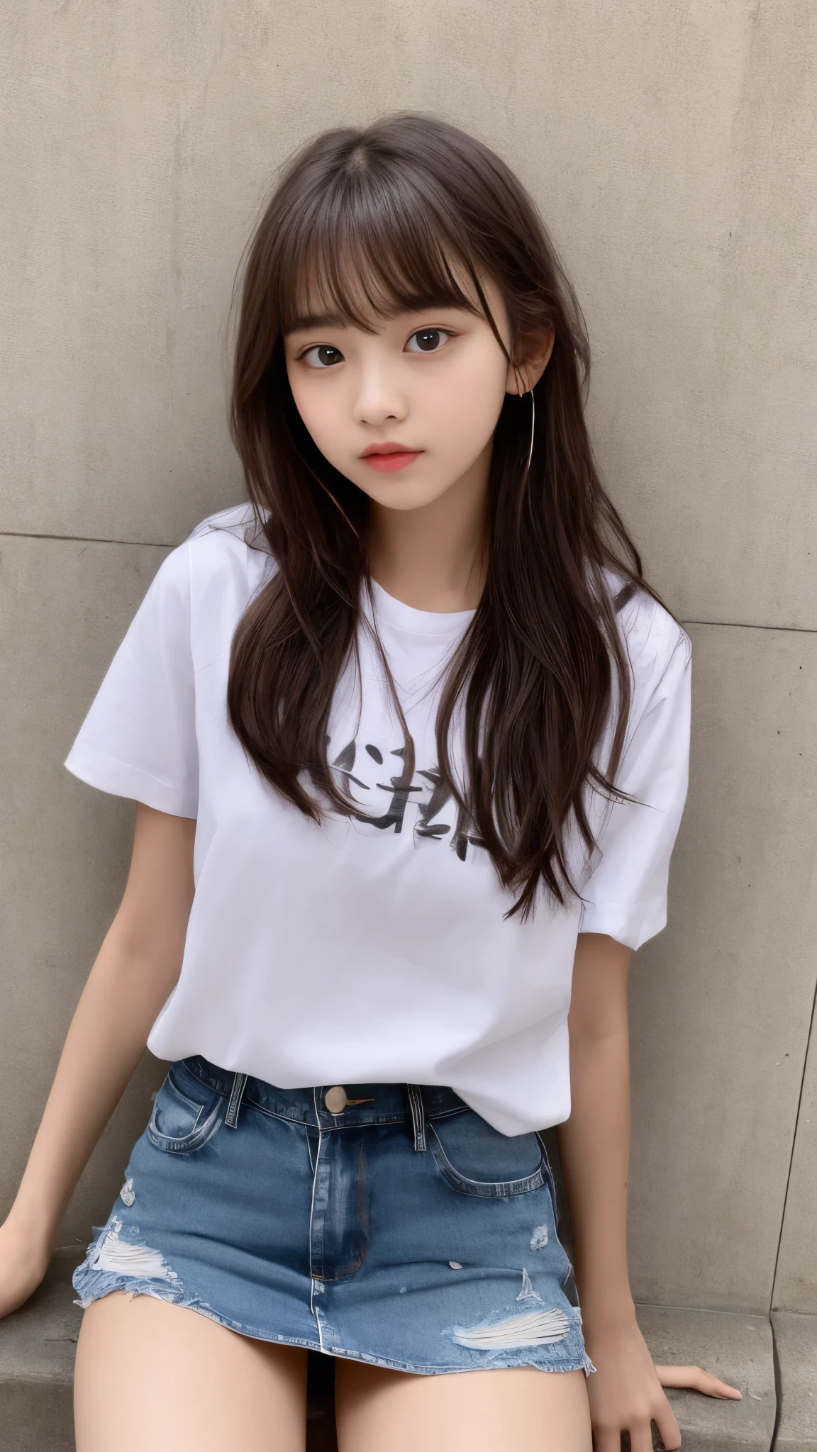 Beautiful  Latina teenager, short sleeve shirt, denim mini skirt, cute girl, white eyes