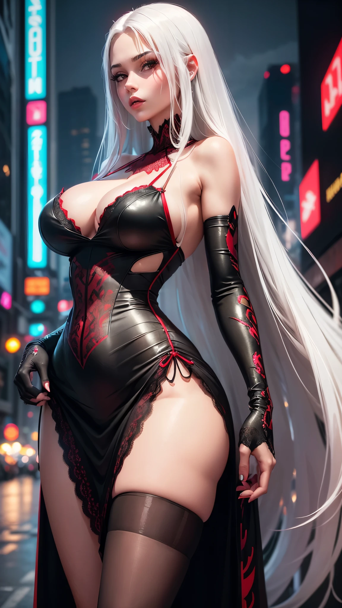 Gorgeous girl, big breasts, big ass, Thin waist, open legs, high facial detail, ((red and black lace sexy dress)), cyberpunk, ((white long hair)), City of the future, hologram, neon lighting, ultra detailed, A high resolution, Masterpiece, high quality, ultra detailed, A high resolution,