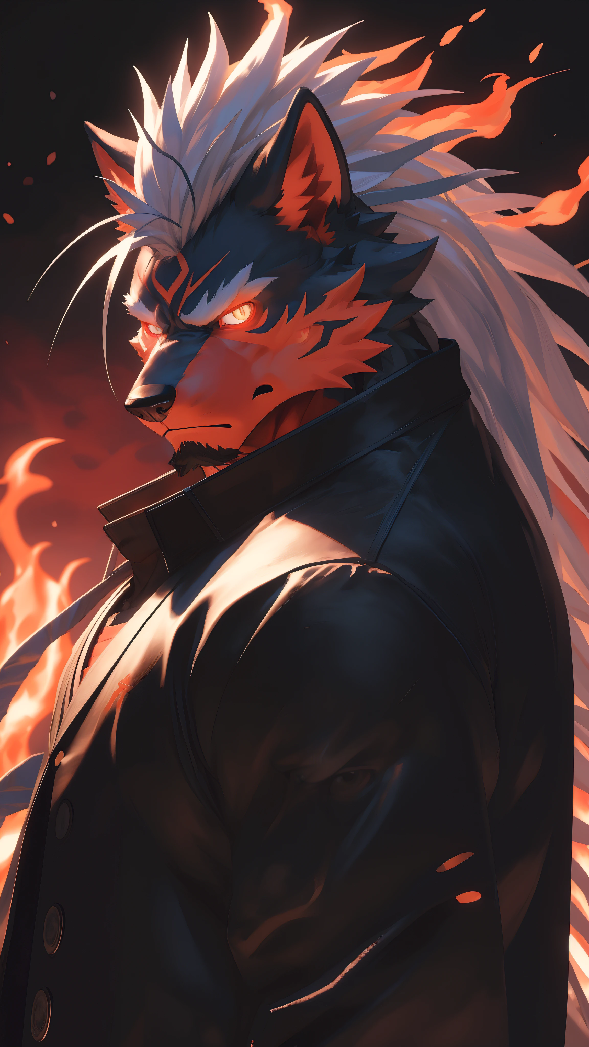 (best quality,8k,highres,masterpiece:1.2),ultra-detailed,(photorealistic:1.37),(dark lord Orochi Wolf),red glowing eyes,staring at the viewer,detailed facial features,same design as Iori Yagami,background from The King of Fighters 2000,fiery background,Serious expression on the face,