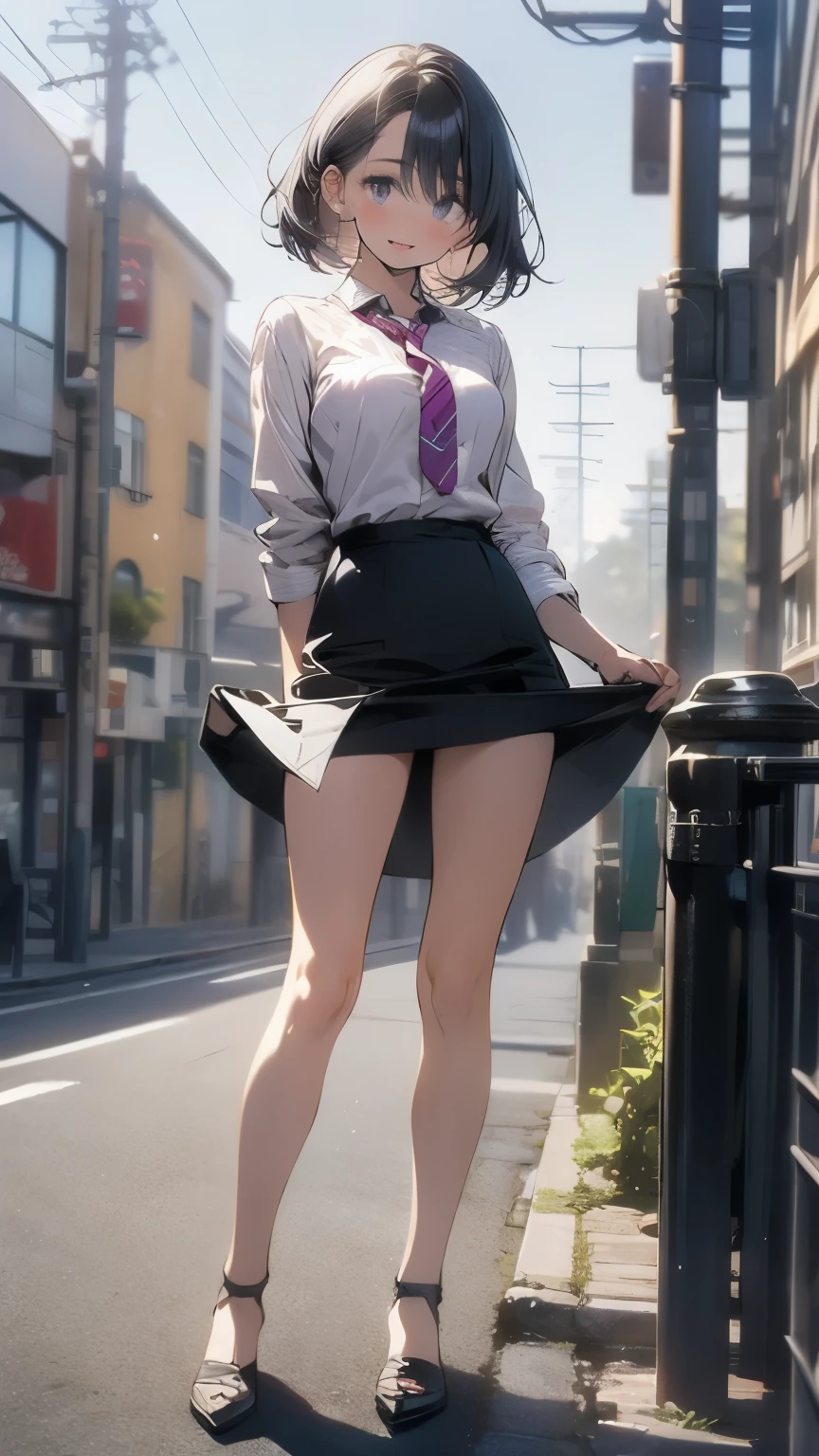 ((masterpiece)), ((highest quality)), High resolution, 1 girl, alone, Green suit and tie, pencil skirt, mini skirt, barefoot, matching shoes, looking at the viewer, urban background, perfect hands, perfect eyes, The perfect leotard, perfect legs, perfect arms, perfect fingers, medium breasts, Are standing, purple hair, short hair, bob hair, blue eyes, Are standing, (whole body),