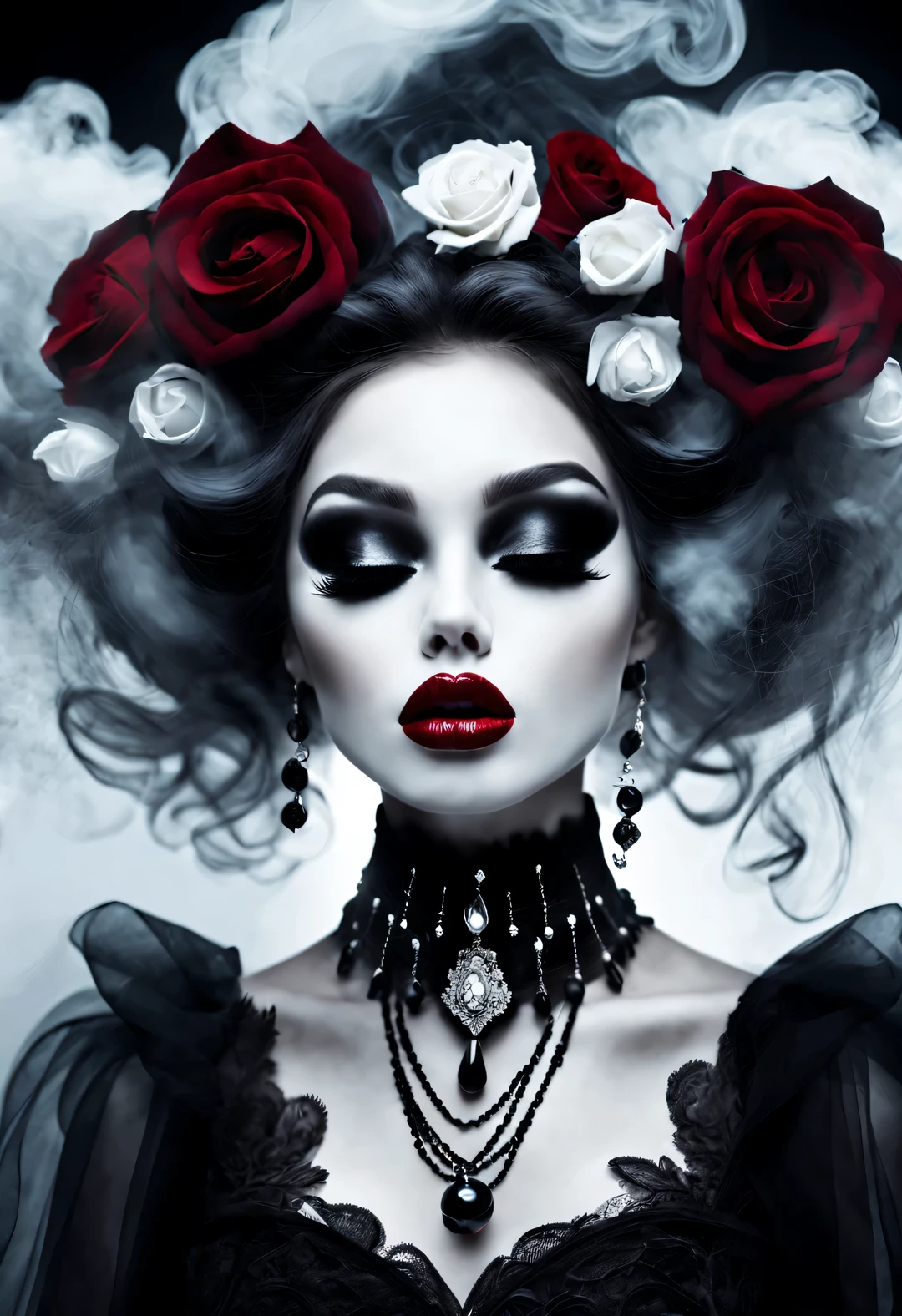 gothic art，Dream，（Just one stunning close-up of the face），Gothic makeup，Black and white smoke floats around，Only the mouth is red，Lots of white space，White Rose，black pearl jewelry，simple white background，