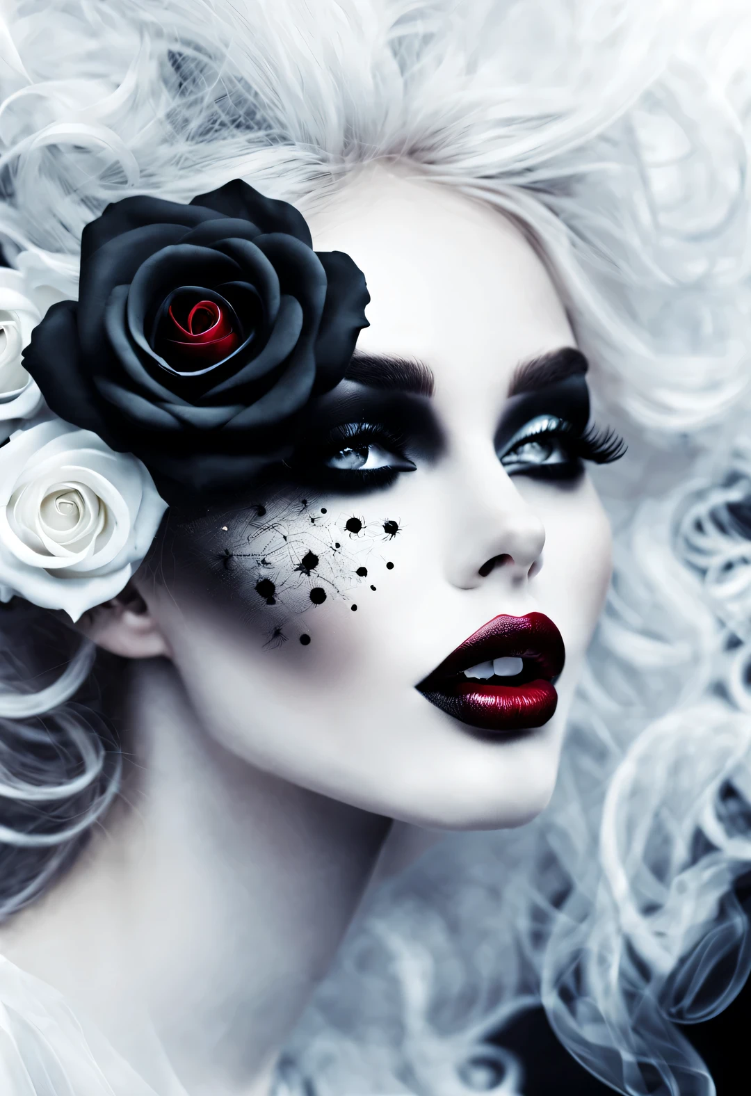 gothic art，Dream，（Just one stunning close-up of the face），Gothic makeup，Black and white smoke floats around，Only the mouth is red，Lots of white space，White Rose，black pearl jewelry，simple white background，