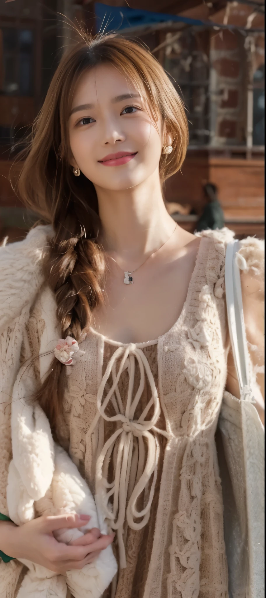 ((Masterpiece, Top image quality, high resolution、alone、skin shiny))(on the table, best quality, actual, super detailed, meticulous, high resolution, 8k wallpaper), Close-up portrait of a beautiful woman, like, smiling, light brown messy hair, Perfect dynamic composition, 美丽meticulous的眼睛, Just like the cover of a fashion magazine, on campus,Gorgeous costumes,hot stamping clothing,