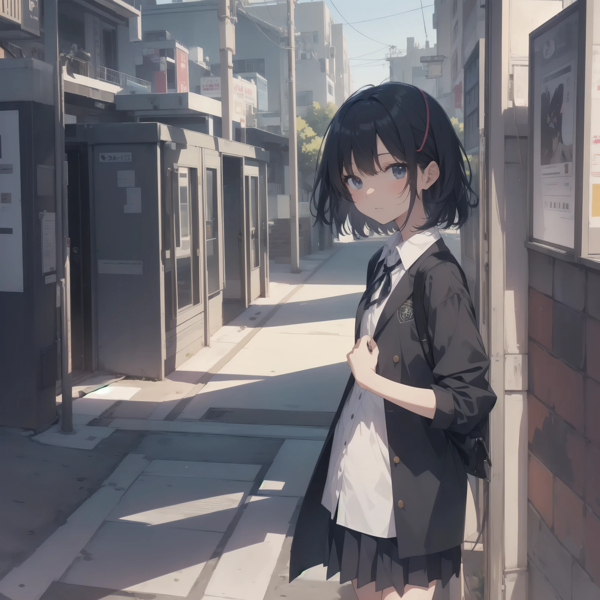 Super absurd quality by the god of art, super detailed, High resolution, anime moe art style, Best Anime 8K Kona-chan Wallpaper, pixiv contest winner, perfect anatomy, break,(眠そうにalone学校へ行く女の子を描いてください. )break,1 girl, (alone,little woman, baby face, 13 years old:1.3),All limbs, full finger,, The charm of an immature body, (very short hair), bangs, flat chest, Small Bodysuits, small ass, between legs, small black eyes, detailed and beautiful eyes, Well-proportioned iris and pupils, expressive eyes, sleepy eyes, High resolutionの詳細な髪, hair grip, neck ribbon, skirt, collared shirt, pleated skirt, school uniform, school bag,(detailed lighting), (detailed background), On the way to school. break,super dense skin, Best movie lighting by famous artists, 8k,cute illustration,photoshop_(Moderate),Absurd Hi-Res,Hmm,rough skin