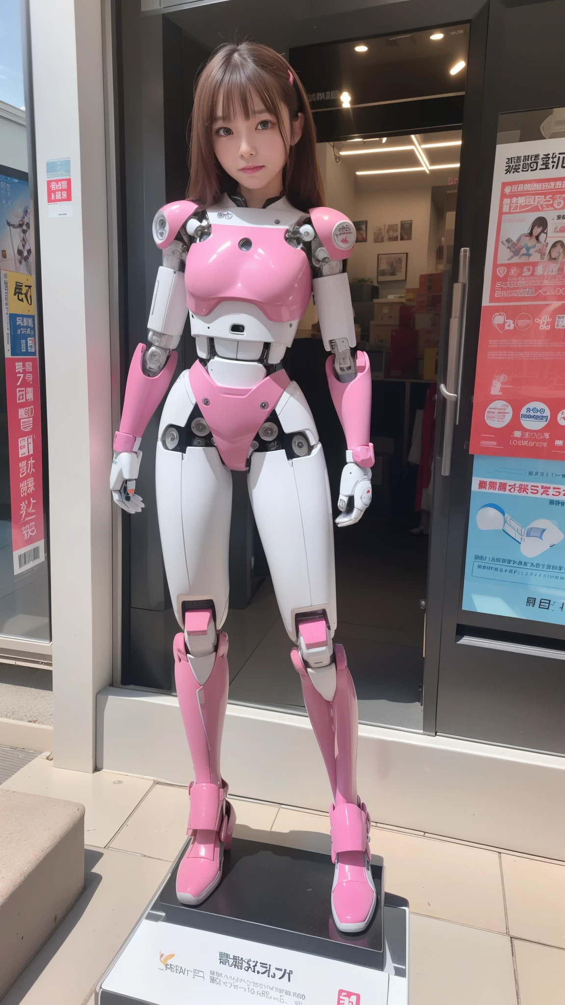 cyborg, pink there, Silver, Metallic body, Robot Parts, Metal Parts, Super Detailed Face, Super well-formed face, of the highest quality, a small face, a small head, full body, Brown hair, Slender body, Camera gaze, Internal Mechanical Exposure, Idol, Well-proportioned body, gravure, Photo session, Akihabara, Moe Pose, Standing with legs open, Model body type, sad, Embarrassing,(Perfect Robot Girl),(Perfect machine body)