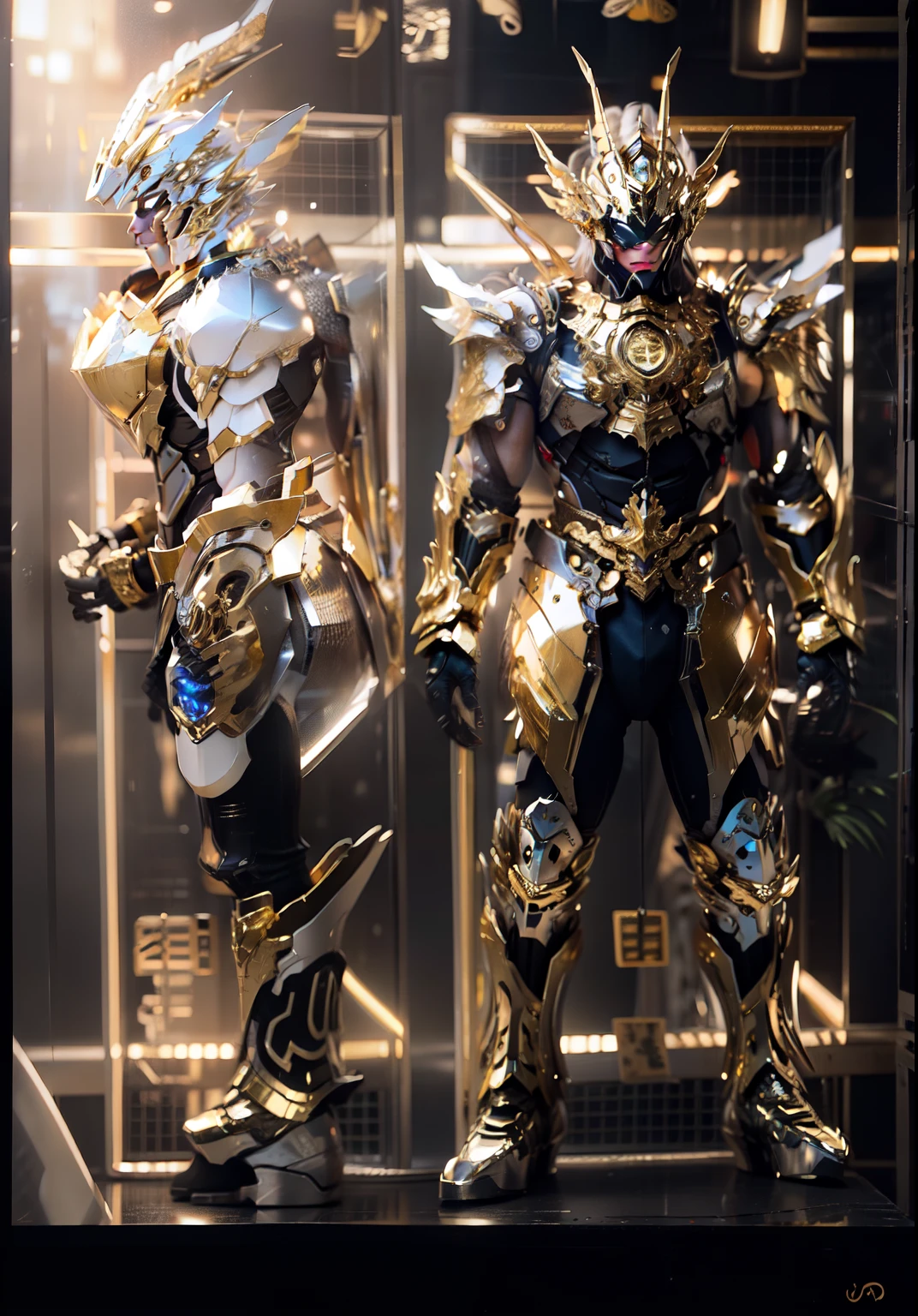 Change color to platinum,some gold thread(Ensure its layering and armor texture,Platinum is the main color,The upper body is completely golden,Keep your upper body in shape,Please help to improve the layering of shoulders,Legs retain full color,Both pictures are complete pictures)