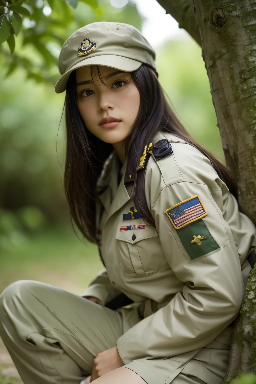 A woman in military uniform and holding a rifle sits on a tree, soldier girl, forest hunter woman, infantry girl, sniper girl in war, military girl, nice jungle ranger, with rifle, beautiful female soldier, mechanized soldier girl, realistic soldiers, rest after a difficult mission, soldier, militaristic!!!, Quieter than Metal Gear Solid, ready for battle