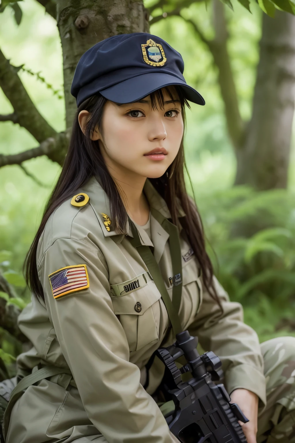 A woman in military uniform and holding a rifle sits on a tree, soldier girl, forest hunter woman, infantry girl, sniper girl in war, military girl, nice jungle ranger, with rifle, beautiful female soldier, mechanized soldier girl, realistic soldiers, rest after a difficult mission, soldier, militaristic!!!, Quieter than Metal Gear Solid, ready for battle