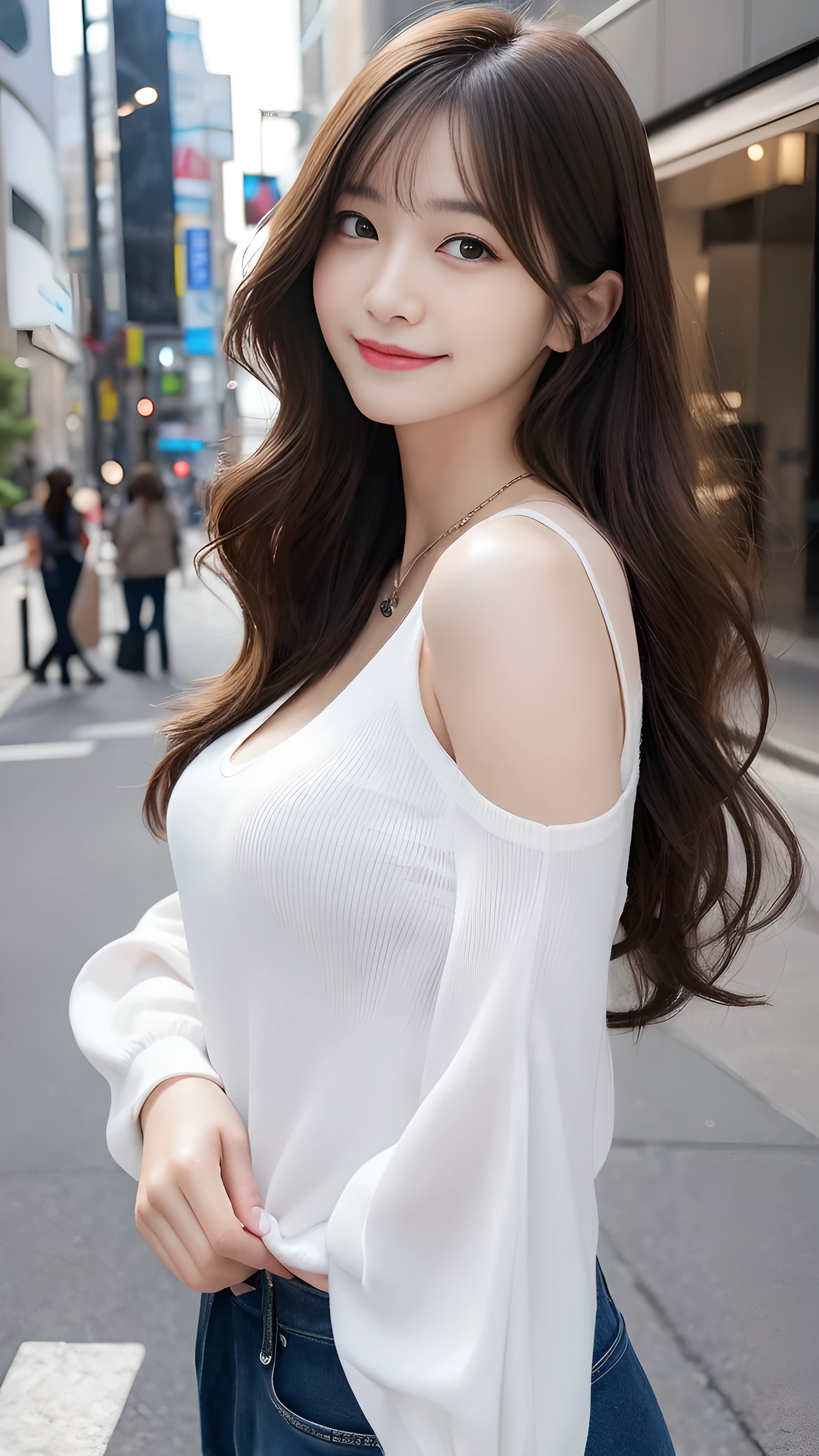 最high quality, shape, Super detailed, finely, High resolution, 8k wallpaper, 完璧なダイナミックな構shape, finelyて美しい目,wavy hair, natural color lip, bold sexy pose,笑face, 20 year old girl、cute、sexy shot looking at camera,Ultra-realistic raw photos, hostess&#39;face、Clothes season is random, high quality、surreal、healthy、笑face、Slender perfect shape、beauty of japan、 necklace、perfect eyes beautiful skin、Upper body、The location is Shibuya, very thin waist, people々focus perfectly on, Hair color is random