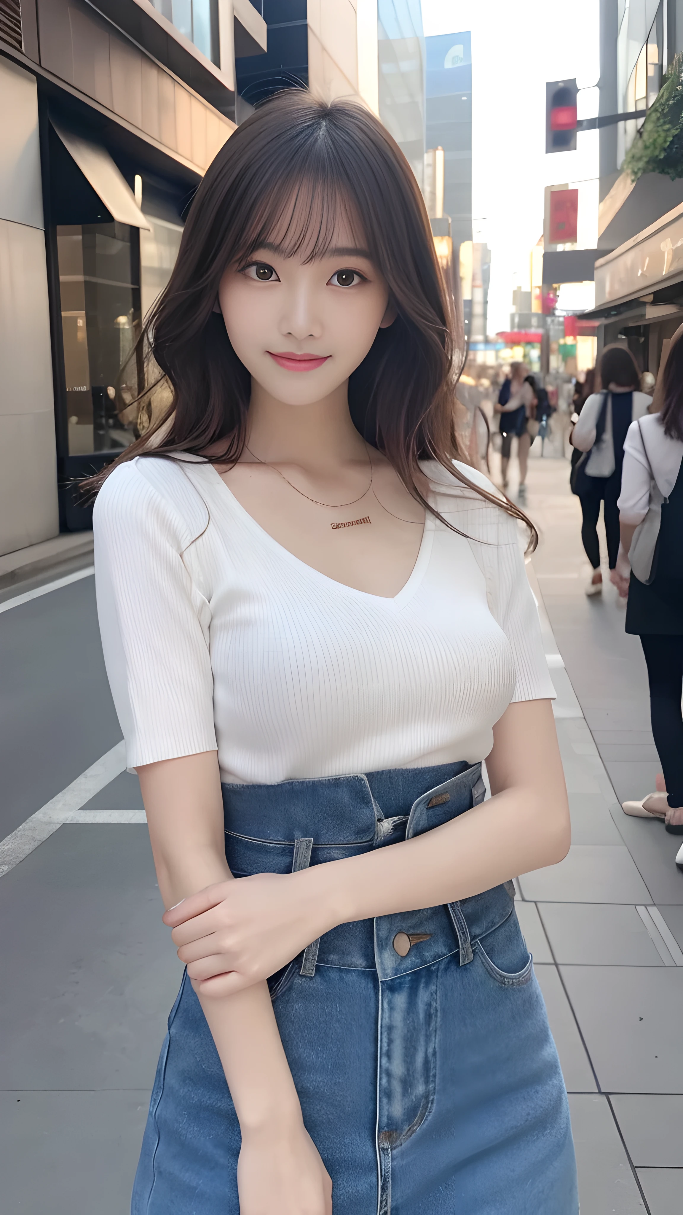 最high quality, shape, Super detailed, finely, High resolution, 8k wallpaper, 完璧なダイナミックな構shape, finelyて美しい目,wavy hair, natural color lip, bold sexy pose,笑face, 20 year old girl、cute、sexy shot looking at camera,Ultra-realistic raw photos, hostess'face、Clothes season is random, high quality、surreal、healthy、笑face、Slender perfect shape、beauty of japan、 necklace、perfect eyes beautiful skin、Upper body、The location is Shibuya, very thin waist, people々focus perfectly on, Hair color is random