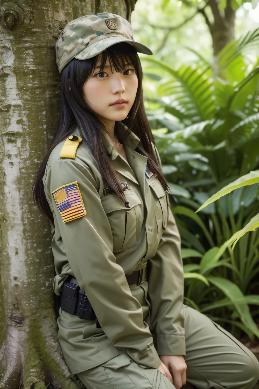 A woman in military uniform and holding a rifle sits on a tree, soldier girl, forest hunter woman, infantry girl, sniper girl in war, military girl, nice jungle ranger, with rifle, beautiful female soldier, mechanized soldier girl, realistic soldiers, rest after a difficult mission, soldier, militaristic!!!, Quieter than Metal Gear Solid, ready for battle