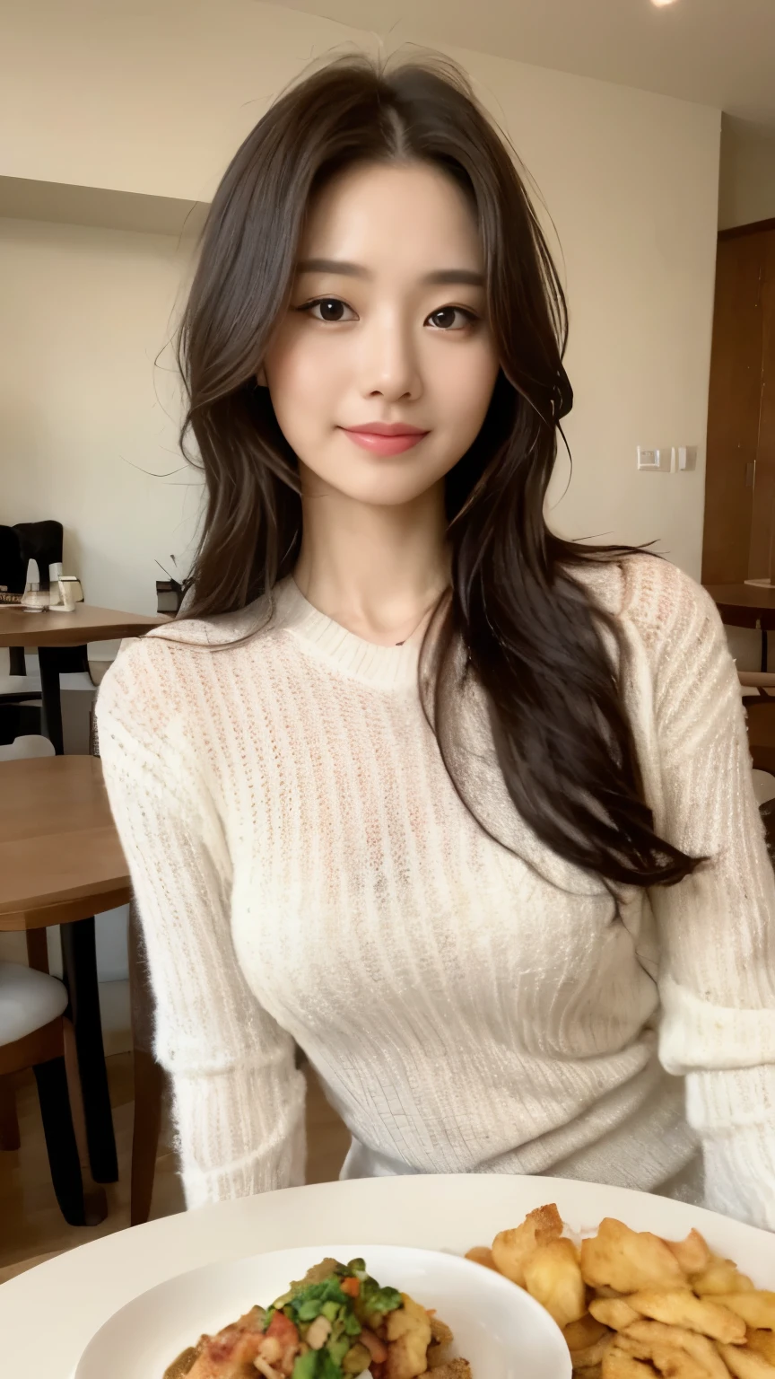 ((top-quality、8k、masterpiece:1.3))、Beautiful woman with perfect body:1.4、slim abdomen:1.2、Longhair, normal breast, Highly detailed facial and skin texture, A detailed eye, delicate eyes, double eyelid, (smile), (full body shot), ((high class restaurant)), (sitting on chair), (((wearing white sweater dress1.1)), looking in front, (food on table)