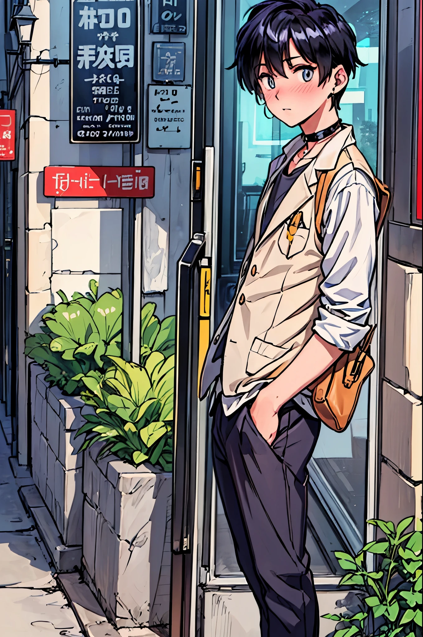"best quality,ultra-detailed,((background:outside the park1,8)),(one boy),(full body),portraits,((sissy boy,tomboy,FemBoy,trap1,8)),bulge1,8,(natural makeup),black choker,necklace,earrings,(short black hair),boy's face,boys body,((nose-blush)),((shy)),((street-casual-style)),(school-uniform),(vest),(blazer),(sneaker),(he’s having shoulder bags),vibrant colors,soft lighting"
