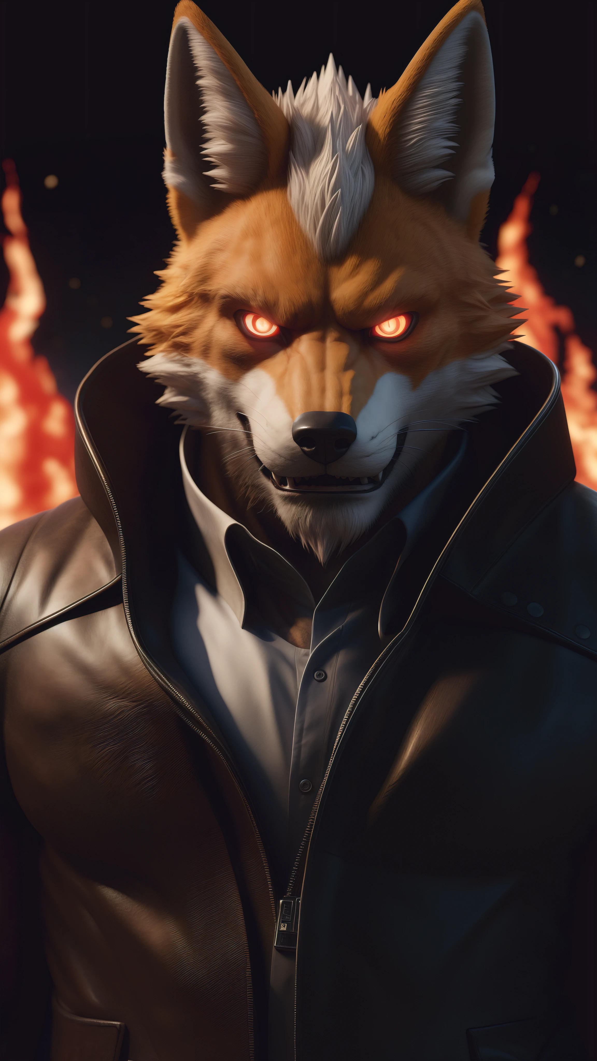 (best quality,8k,highres,masterpiece:1.2),ultra-detailed,(photorealistic:1.37),(dark lord Orochi fox),red glowing eyes,staring at the viewer,detailed facial features,same design as Iori Yagami,background from The King of Fighters 2000,fiery background,Serious expression on the face,
