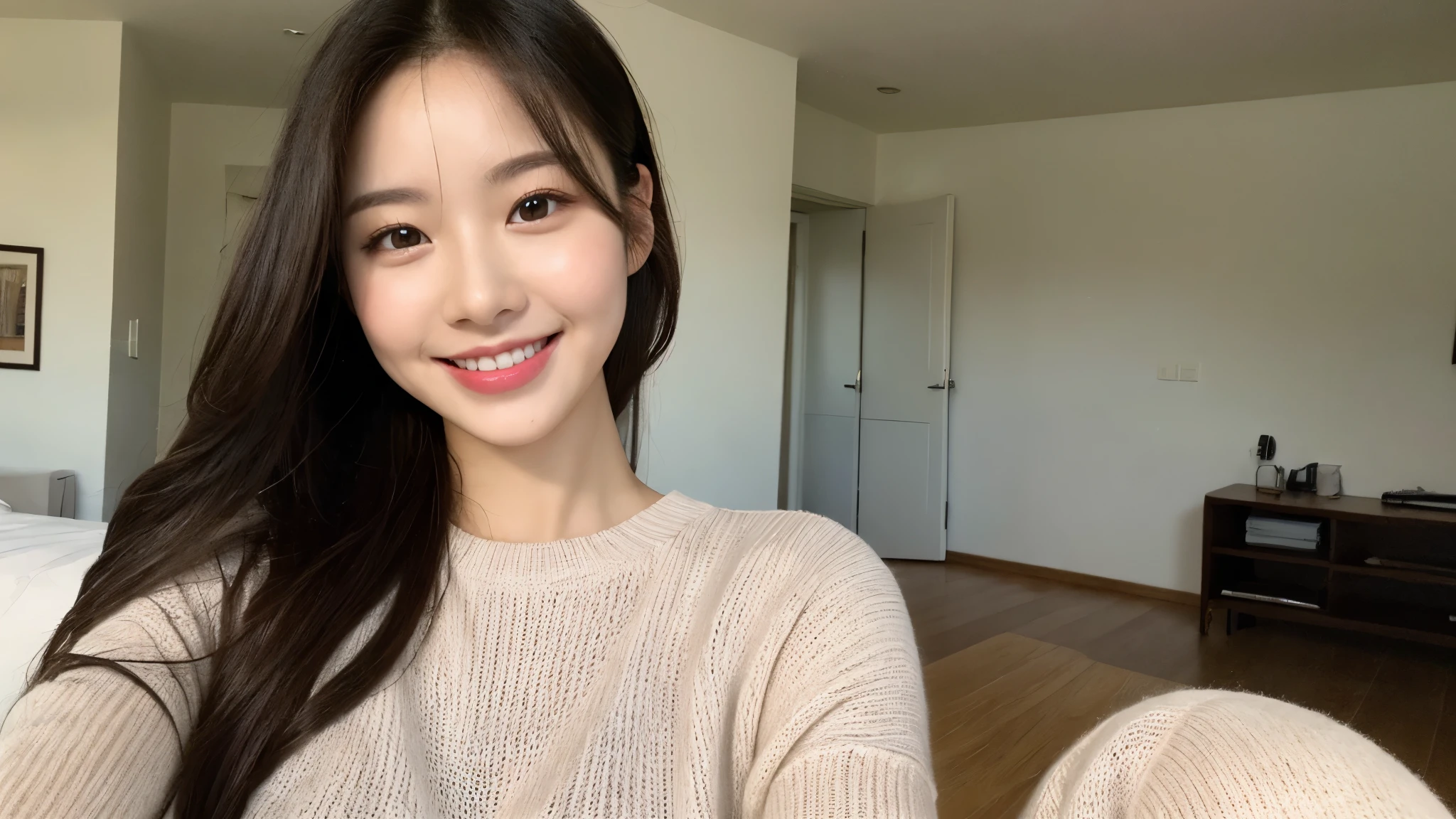 (lifelike, High resolution:1.3), 1 girl with perfect body, very detailed face and eyes,long hair, oversized white knit, arched back, in the room, smile, full body