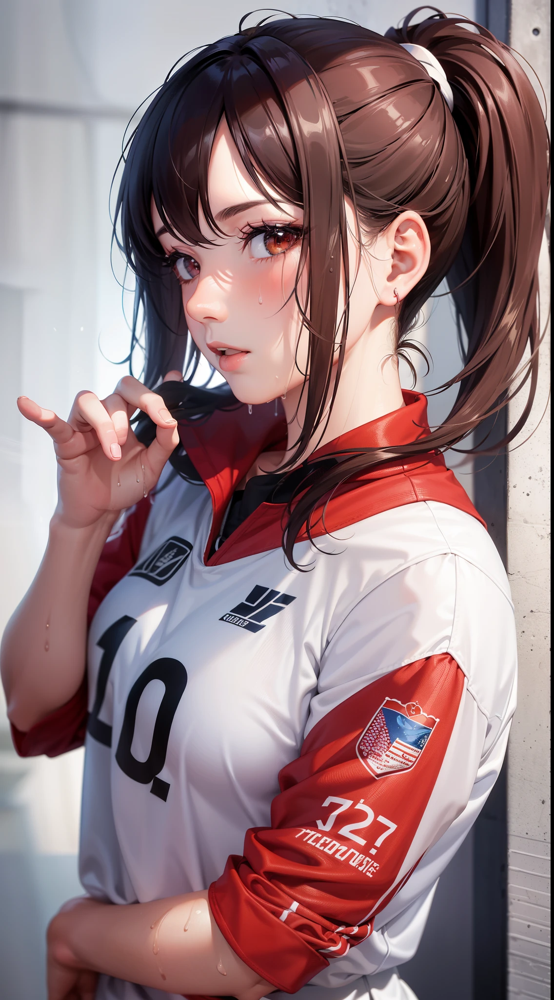 masterpiece:1.2, best quality), realistic, (real picture, intricate details, depth of field),
(1girl, solo), make up, parted lips, highly-detailed, perfect face, (medium breasts:1.4), small waist, tall,
glossy coral lips, red hairs, red eyes, ponytail, (A girl playing volleyball, white volleyball uniform),
(sweating:1.2), (wet), sexy, blushing,