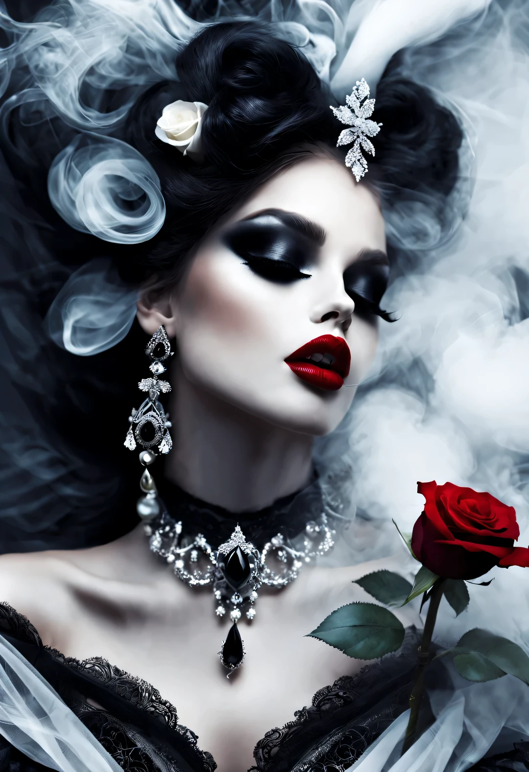 gothic art，Dream，（Just one stunning close-up of the face），Gothic makeup，There is a lot of black and white smoke floating around，Only the mouth is red，lots of white space，White Rose，black pearl jewelry，simple white background，