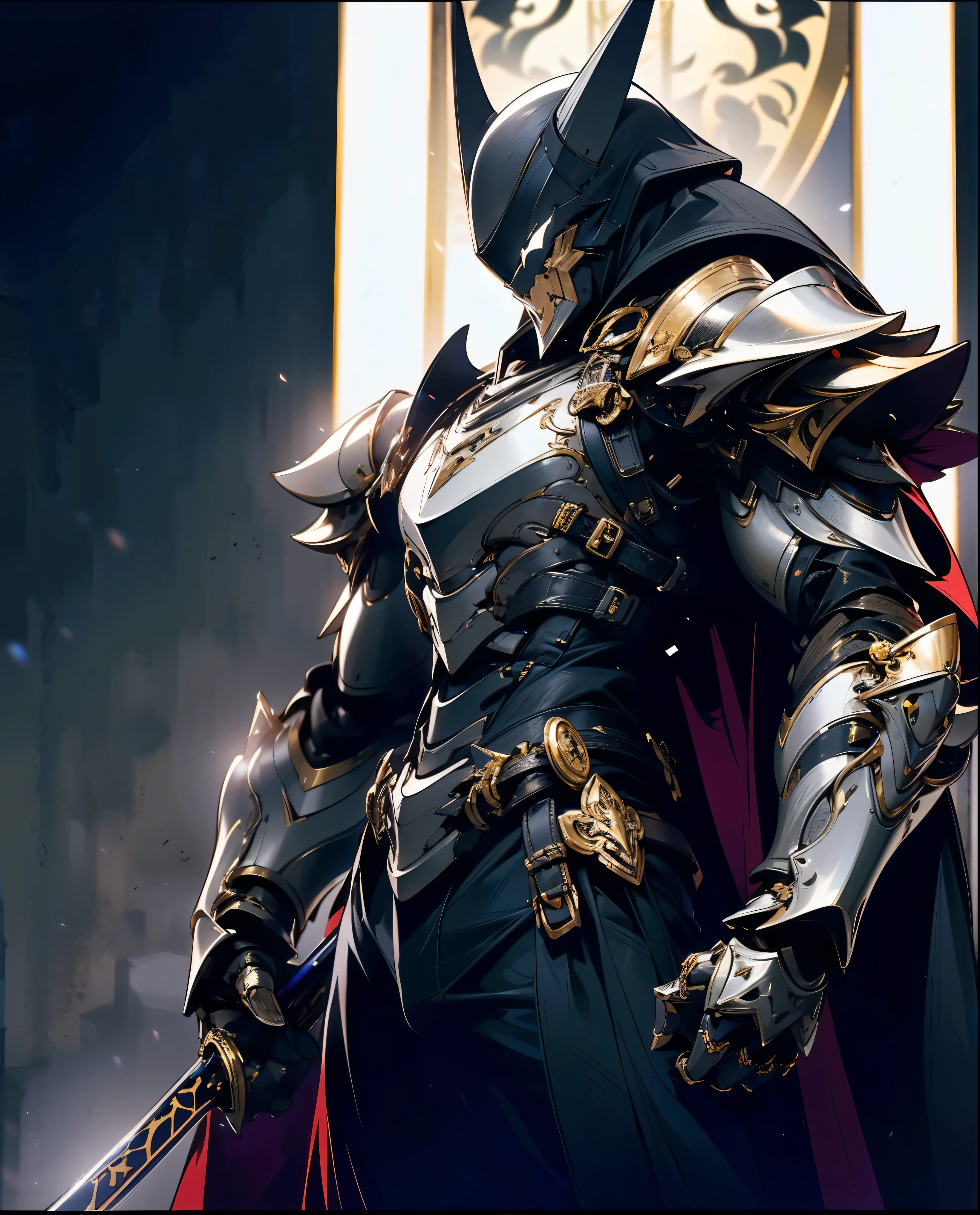 batman in armor with a sword and a cape on his shoulders, intricate assassin mecha armor, elegant smooth silver armor, sleek smooth white plated armor, silver cyber armor, gold and silver armour suit, shiny silver metal armor, arasaka mech, white plated armor, god king of ai art, silver and gold heavy armor, shiny metal armor, white metallic armor