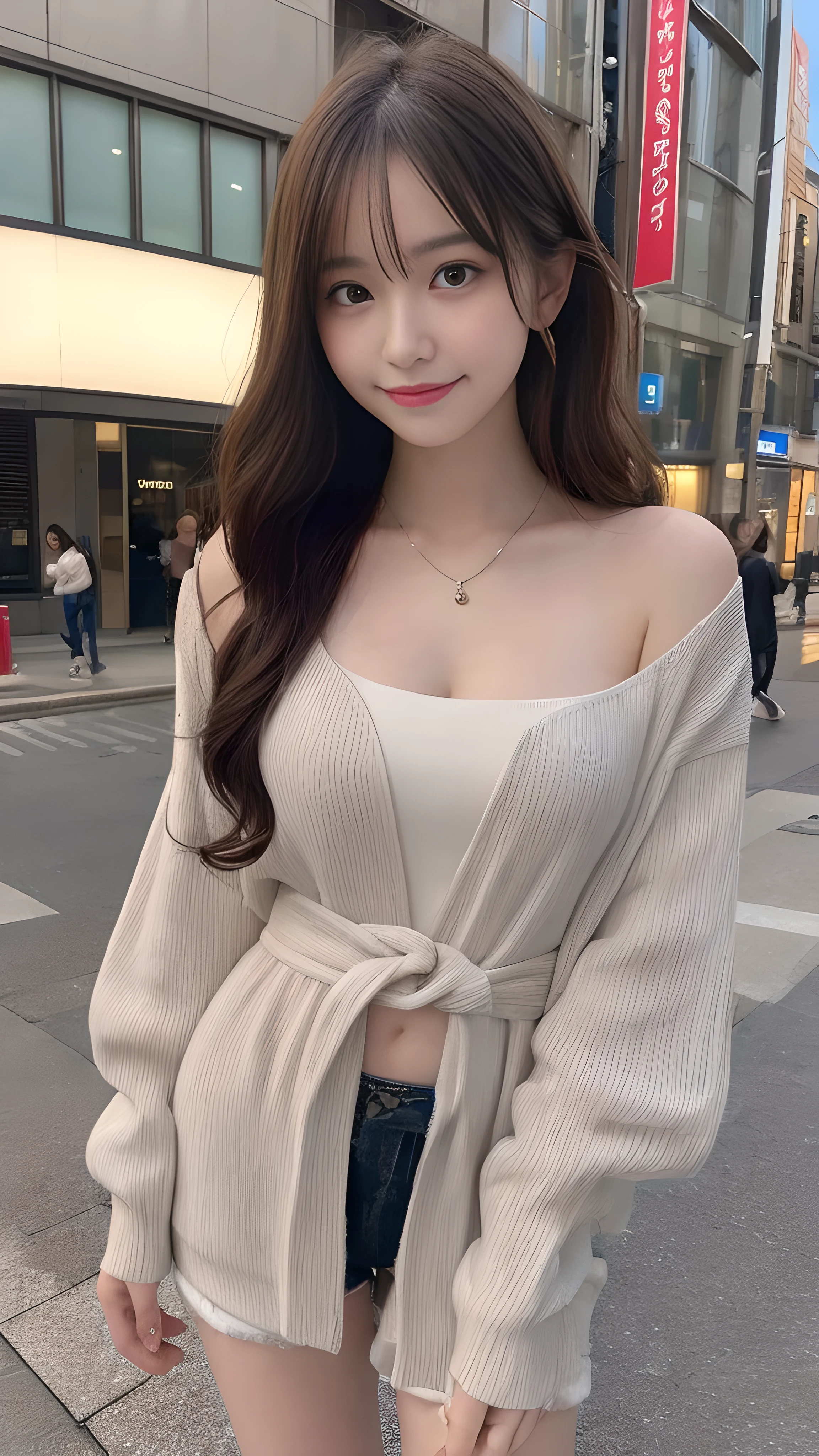最high quality, shape, Super detailed, finely, High resolution, 8k wallpaper, 完璧なダイナミックな構shape, finelyて美しい目,wavy hair,、natural color lip, bold sexy pose,笑face, 20 year old girl、cute、sexy shot looking at camera,Ultra-realistic raw photos, hostess'face、Clothes season is random, high quality、surreal、healthy、笑face、Slender perfect shape、beauty of japan、 necklace、perfect eyes beautiful skin、Upper body、The location is Shibuya, very thin waist, people々focus perfectly on,