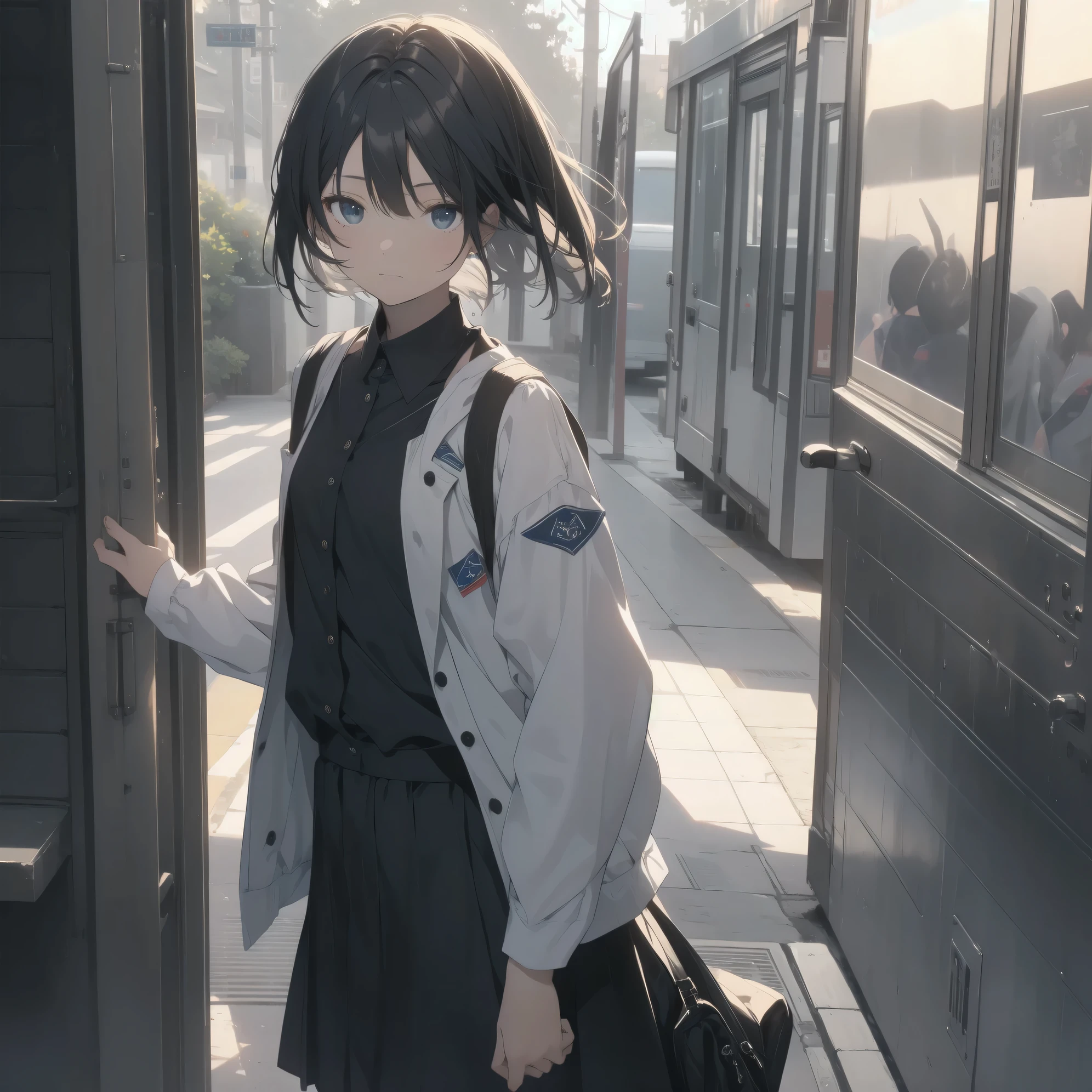 Super absurd quality by the god of art, super detailed, High resolution, anime moe art style, Best Anime 8K Kona-chan Wallpaper, pixiv contest winner, perfect anatomy, break,(眠そうにalone学校へ行く女の子を描いてください. )break,1 girl, (alone, woman, baby fears old:1., full finger,, The charm of an immature body, (very short hair), bangs, flat chest, Small Bodysuits, small ass, between legs, small black eyes, detailed and beautiful eyes, Well-proportioned iris and pupils, expressive eyes, sleepy eyes, High resolutionの詳細な髪, hair ornaments, skirt, collared shirt, pleated skirt, school uniform, school bag,(detailed lighting), (detailed background), On the way to school. break,super dense skin, Best movie lighting by famous artists, 8k,cute illustration,photoshop_(Moderate),Absurd Hi-Res,Hmm,rough skin