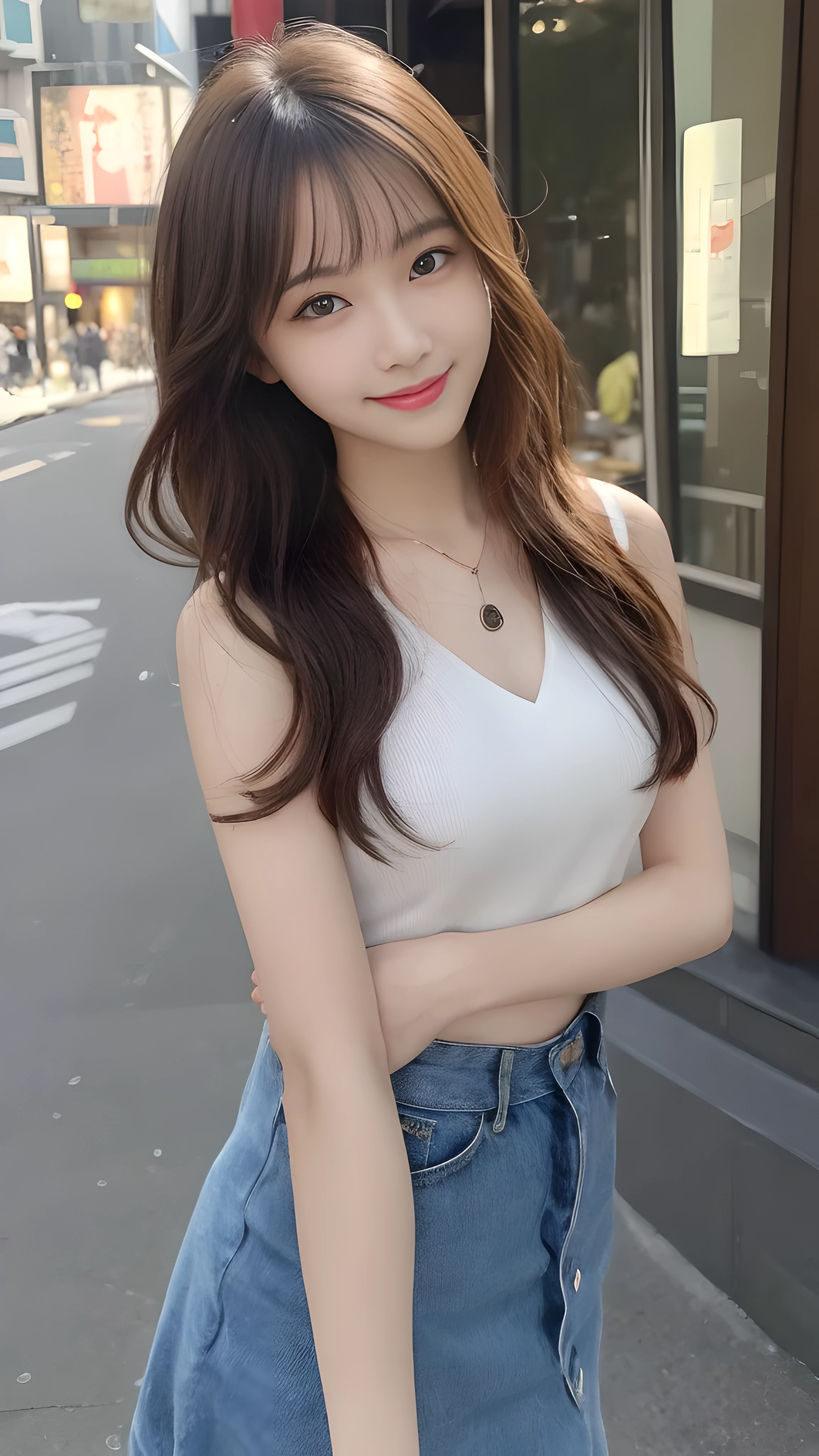 最high quality, shape, Super detailed, finely, High resolution, 8k wallpaper, 完璧なダイナミックな構shape, finelyて美しい目,wavy hair,、natural color lip, bold sexy pose,笑face, 20 year old girl、cute、sexy shot looking at camera,Ultra-realistic raw photos, hostess&#39;face、Clothes season is random, high quality、surreal、healthy、笑face、Slender perfect shape、beauty of japan、 necklace、perfect eyes beautiful skin、Upper body、The location is Shibuya, very thin waist, people々focus perfectly on, 