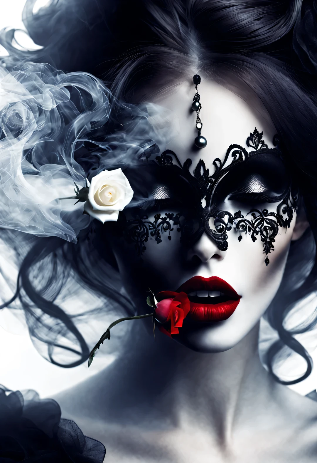 gothic art，Dream，（Just one stunning close-up of the face），Gothic makeup，Black and white smoke floats around，Only the mouth is red，Lots of white space，White Rose，black pearl jewelry，simple white background，