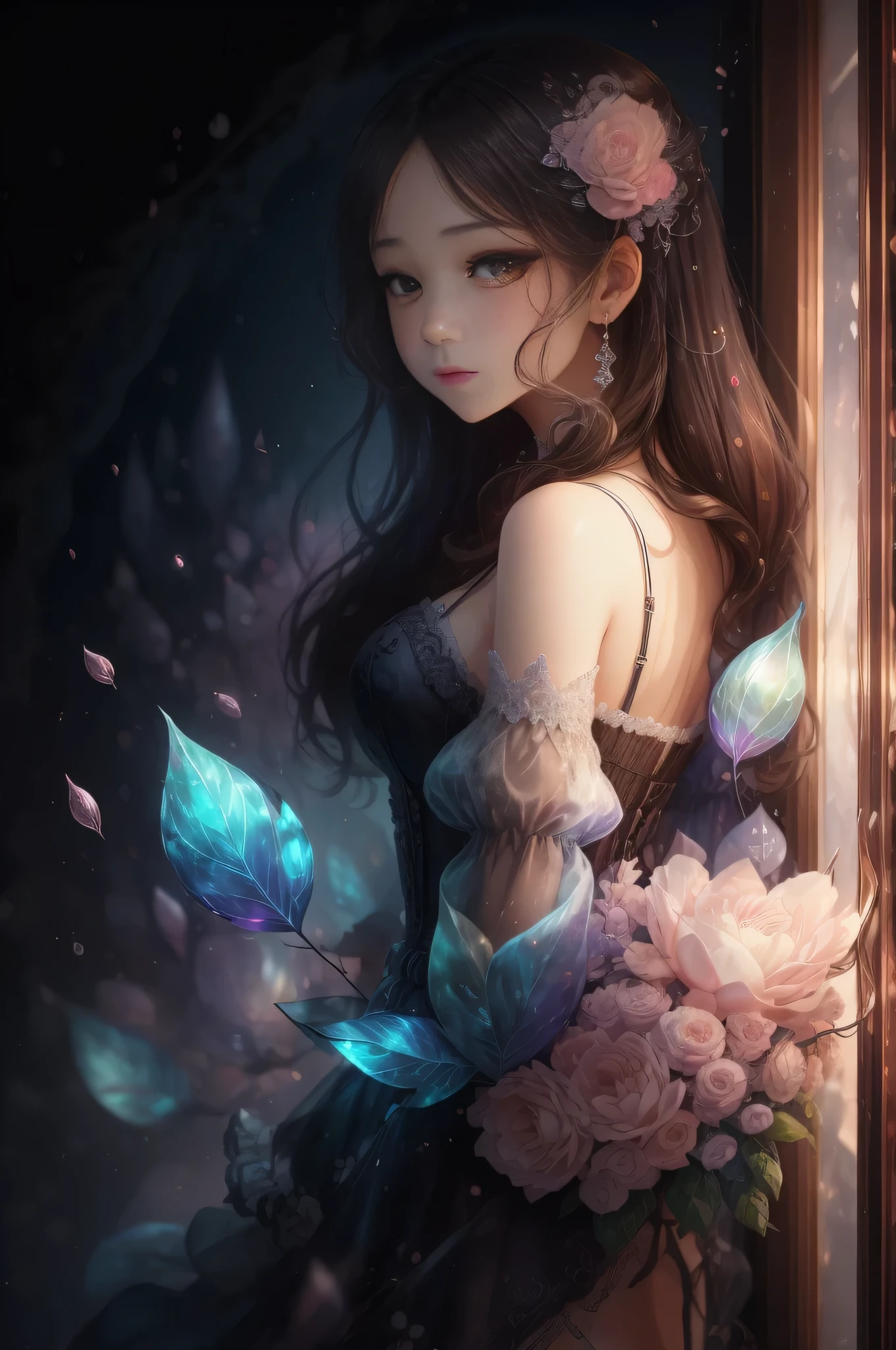 3D Render、Artistic、(dark brown eyes;1.2),intricate detailes、Terrible、The most beautiful forms of chaos like glasswork、Delicate、fleeting,gotik、girl, Cute,Complex pattern、dynamic ungle、Transparency、the city that never sleeps、Watercolor Touch、Bleeding、a woman by KazukiUmezawa , luminous design, pastel colours,spring lights,Artistic,azure, pink