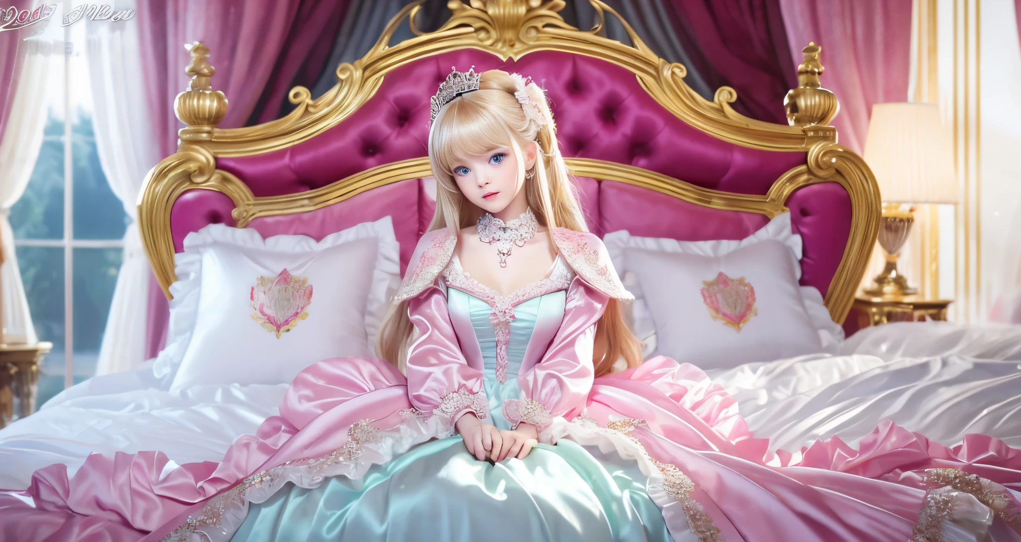 ,highest quality, masterpiece, highest resolution, artwork, super それにget used to it, many get used to it, get used to it, それにget used to it, 3K ultra-high resolution realistic photos,,(( When I was 10 years old)),Super detailed baby face,She is a princess,Full length ball gown dress with hoop skirt,ruffled yoke collar,puff sleeves,long sleeve,((Lolita style hot pink detailed princess satin dress、Comes with lots of frills and ribbons。)),colorful rococo fashion,shiny satin dress,Soft and smooth fabric,luxury,long blonde hair,blue eyes,white skin european,pajamas,((inside the palace)),,,(( When I was 10 years old)),Super detailed baby face,Full length ball gown dress with hoop skirt,long skirt,ruffled yoke collar,puff sleeves,腰まで伸びるlong blonde hair,blue eyes,white skin european,pajamas,((inside the palace bedroom)),ピンクのシルクサテンのluxuryなcanopy bedの上,canopy bed,luxurious curtains under the canopy,many frilly pillows on the bed,super detailed background,detailed bed,silk satin bed sheets,soft silk satin comforter,Soft silk satin ruffled pillow in pastel colors,little princess is sitting on the bed,((((large ball gown dress that completely covers the legs)))),((((legs are hidden in the dress,Don't put your feet out to the side)))),Beautiful girl illustration,detailed beautiful face detailed hair,detailed human eye ,detailed mouth, arm details,fine hands,Detailed pillow,Frilly pillows piled up behind the girl,