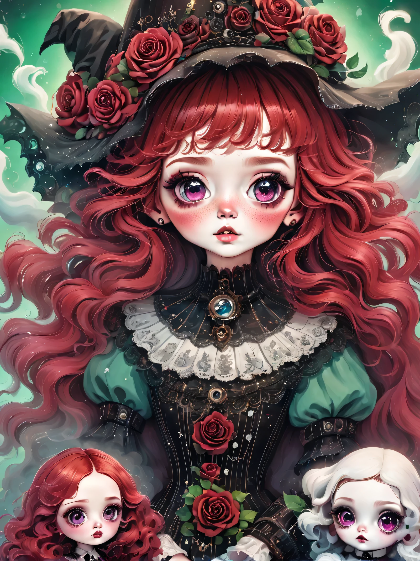 best quality，masterpiece：1.2，detailed details，Ghost doll girl,big eyes，small freckles， Halloween dresses，Red hair，Gothic，蒸汽朋克Gothic维多利亚风格, dark, psychology, Surrealism, sublimation, subconsciousness, mood, enthusiasm, pink、White and red details, Rose background，Green smoke from hair, Blue smoke background, Soft red and blue light,bright，Hand bones
