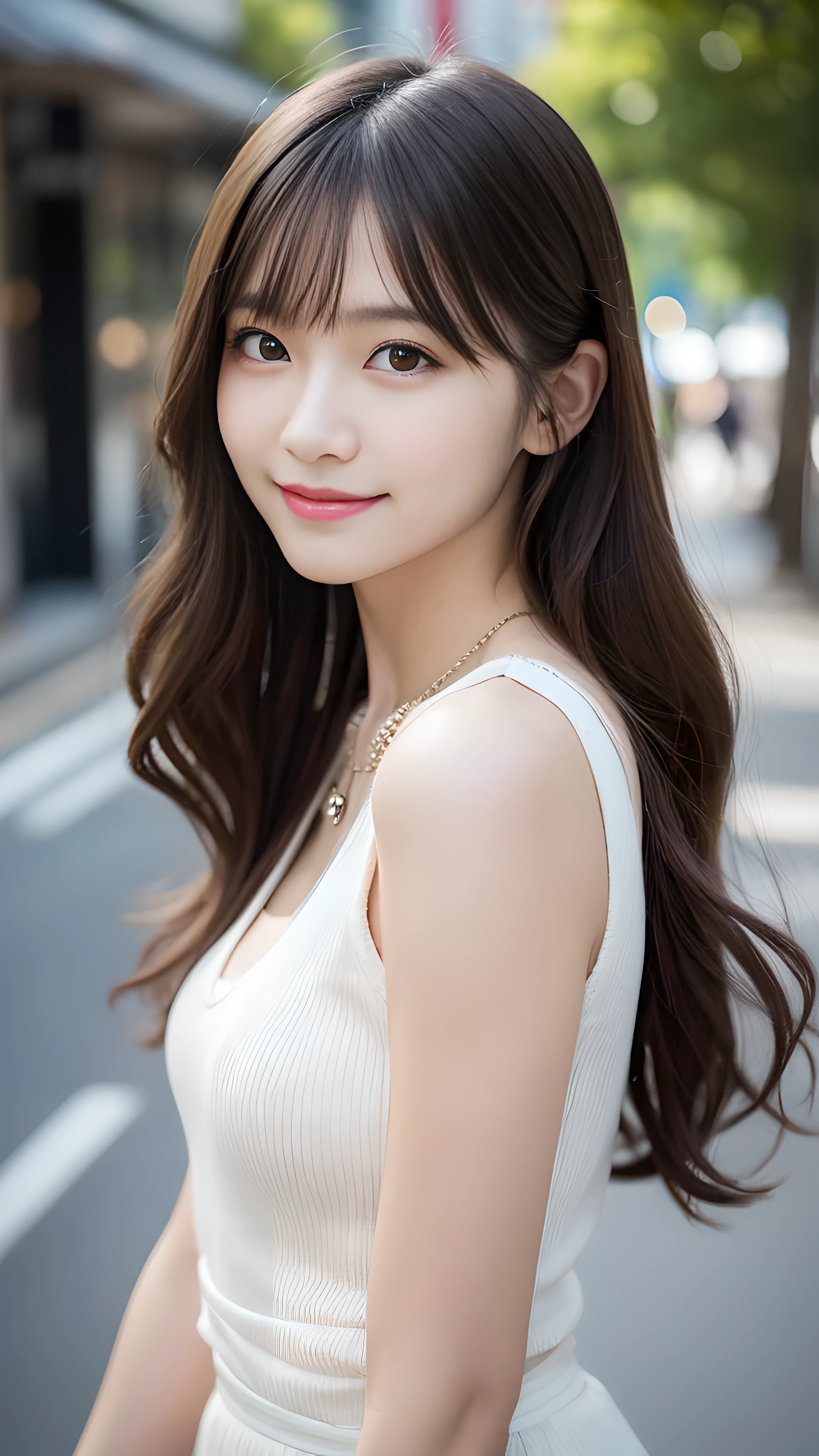 最high quality, shape, Super detailed, finely, High resolution, 8k wallpaper, 完璧なダイナミックな構shape, finelyて美しい目,wavy hair,、natural color lip, bold sexy pose,笑face, 20 year old girl、cute、sexy shot looking at camera,Ultra-realistic raw photos, hostess&#39;face、Clothes season is random, high quality、surreal、healthy、笑face、Slender perfect shape、beauty of japan、 necklace、perfect eyes beautiful skin、Upper body、The location is Shibuya, very thin waist, people々focus perfectly on, 