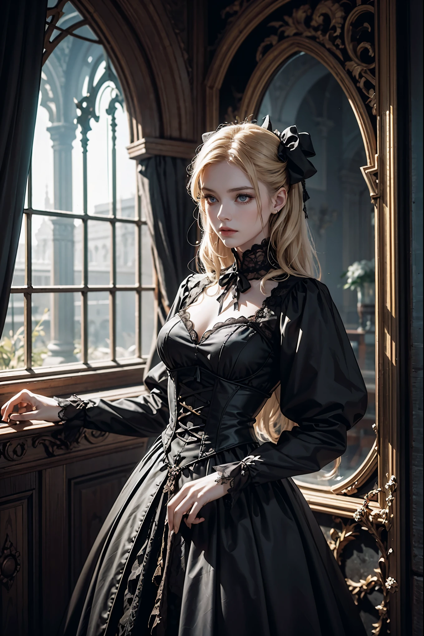 Unity 8k wallpaper, super detailed, beautiful, masterpiece, aesthetic, best quality, darkness, atmosphere, mystery, romanticism, creepy, literature, art, fashion, victorian, decoration, intricacies, ironwork, lace, contemplation, emotional depth, supernatural, 1 girl, solo, neck, elaborately designed gothic clothes, mysterious gothic outfit, mysterious atmosphere background, IvoryGoldAI, transparent gothic clothes,