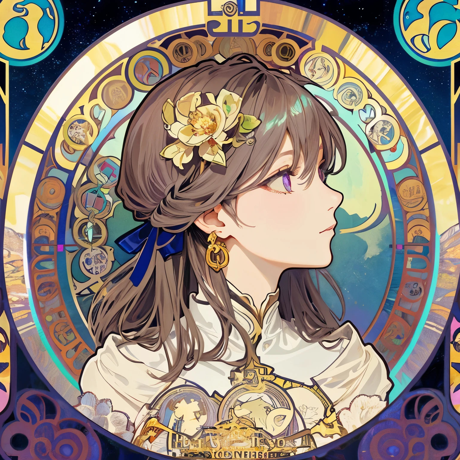 1 beautiful woman、(masterpiece、highest quality、highest quality、beautiful and aesthetic:1.2)、Rainbow-colored、sparkling jewelry hair ornament、detailedジュエリー、dynamic、Based on the concept of an elegant woman、((Alphonse Mucha style))、shining eyes、colorful hair、Gradation、非常にdetailed、Complex、detailed, wonderful, Complex詳細,complementary color, realistic concept art, 8K resolution, 逸脱のmasterpiece、background starry sky、clove up、Full moon behind、Illuminated by light、shining purple eyes、tarot cards