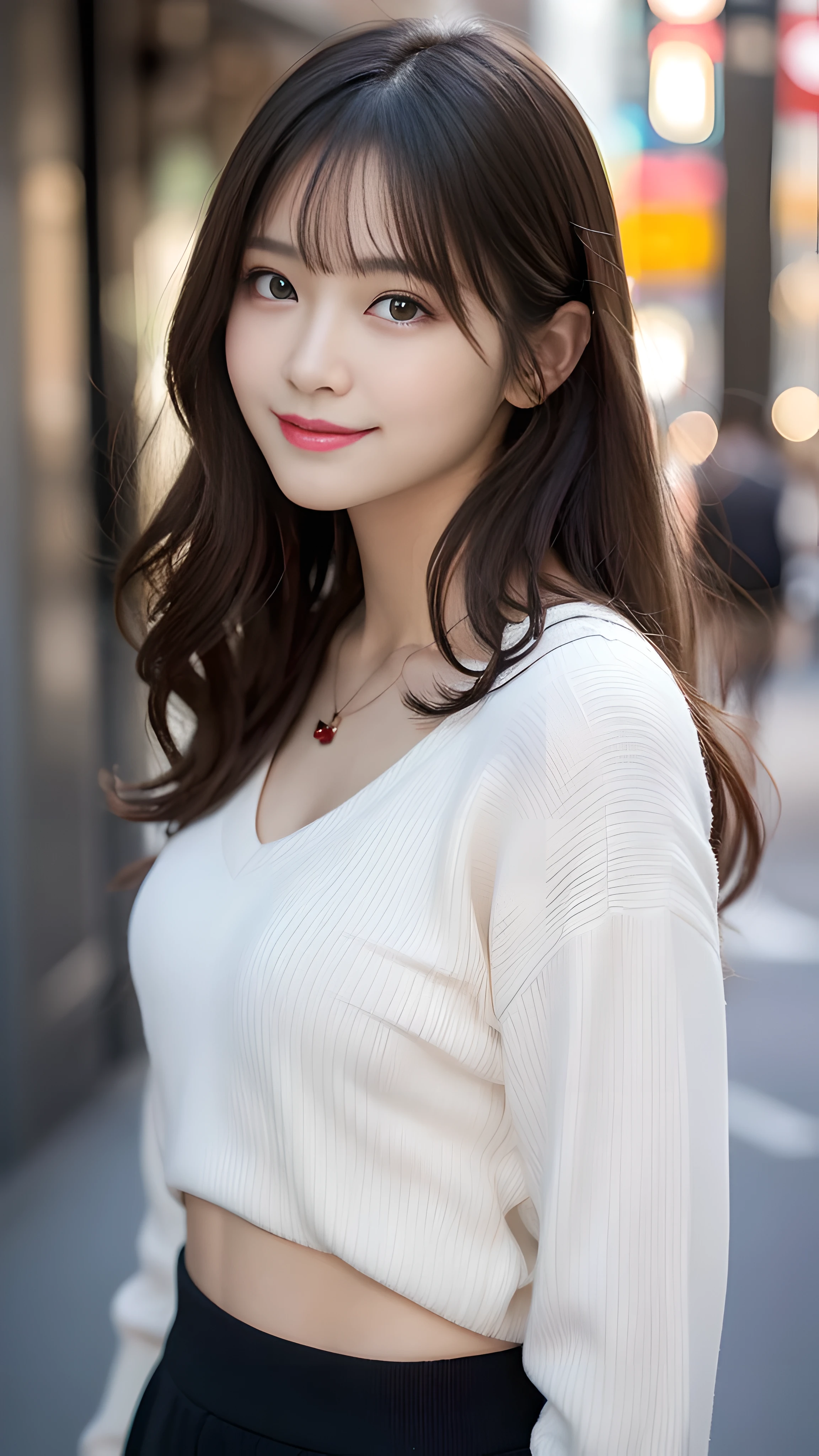 最high quality, shape, Super detailed, finely, High resolution, 8k wallpaper, 完璧なダイナミックな構shape, finelyて美しい目,wavy hair,、natural color lip, bold sexy pose,笑face, 20 year old girl、cute、sexy shot looking at camera,Ultra-realistic raw photos, hostess'face、Clothes season is random, high quality、surreal、healthy、笑face、Slender perfect shape、beauty of japan、 necklace、perfect eyes beautiful skin、Upper body、The location is Shibuya, very thin waist, people々focus perfectly on,