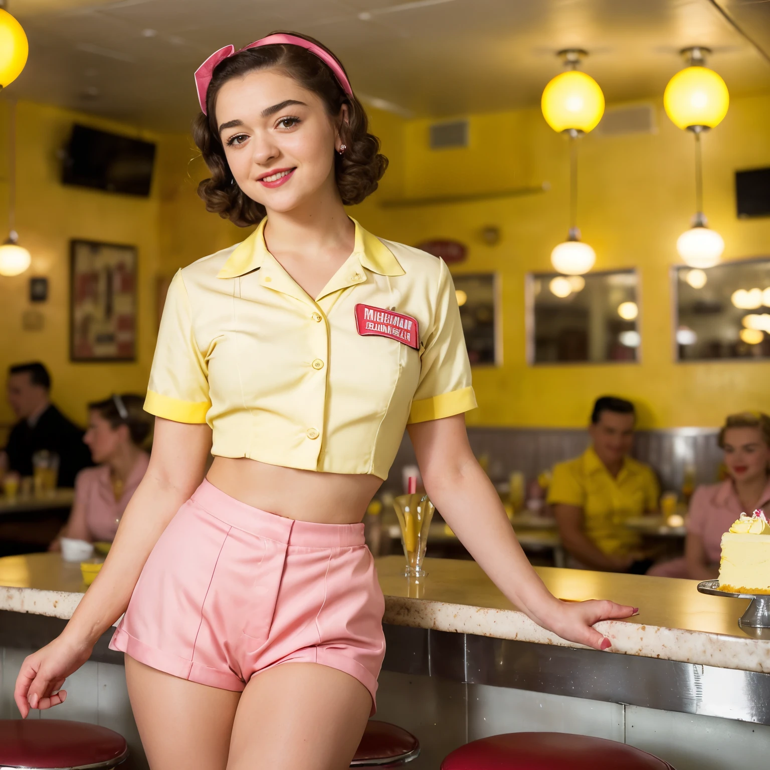 (best quality, 4k, 8k, high res, masterpiece:1.2), ultra-detailed, (photo-realistic:1.37), ((best quality)), ((masterpiece)), (detailed), ((20-year-old Maisie Williams)), ((a waitress from the 1950s)), ((sexy uniform with short-cropped yellow shirt with tight tiny pink shorts showing off shapely legs)), ((whole-body view)), ((1950s make-up and hair)), ((long eyelashes)), ((wide cheesecake-smile with cute dimples and blushed cheeks)), ((small waitress barrette on her head)), ((1950s crowded diner with lots of bright yellows reds and chrome in the decor)), ((USFW)),