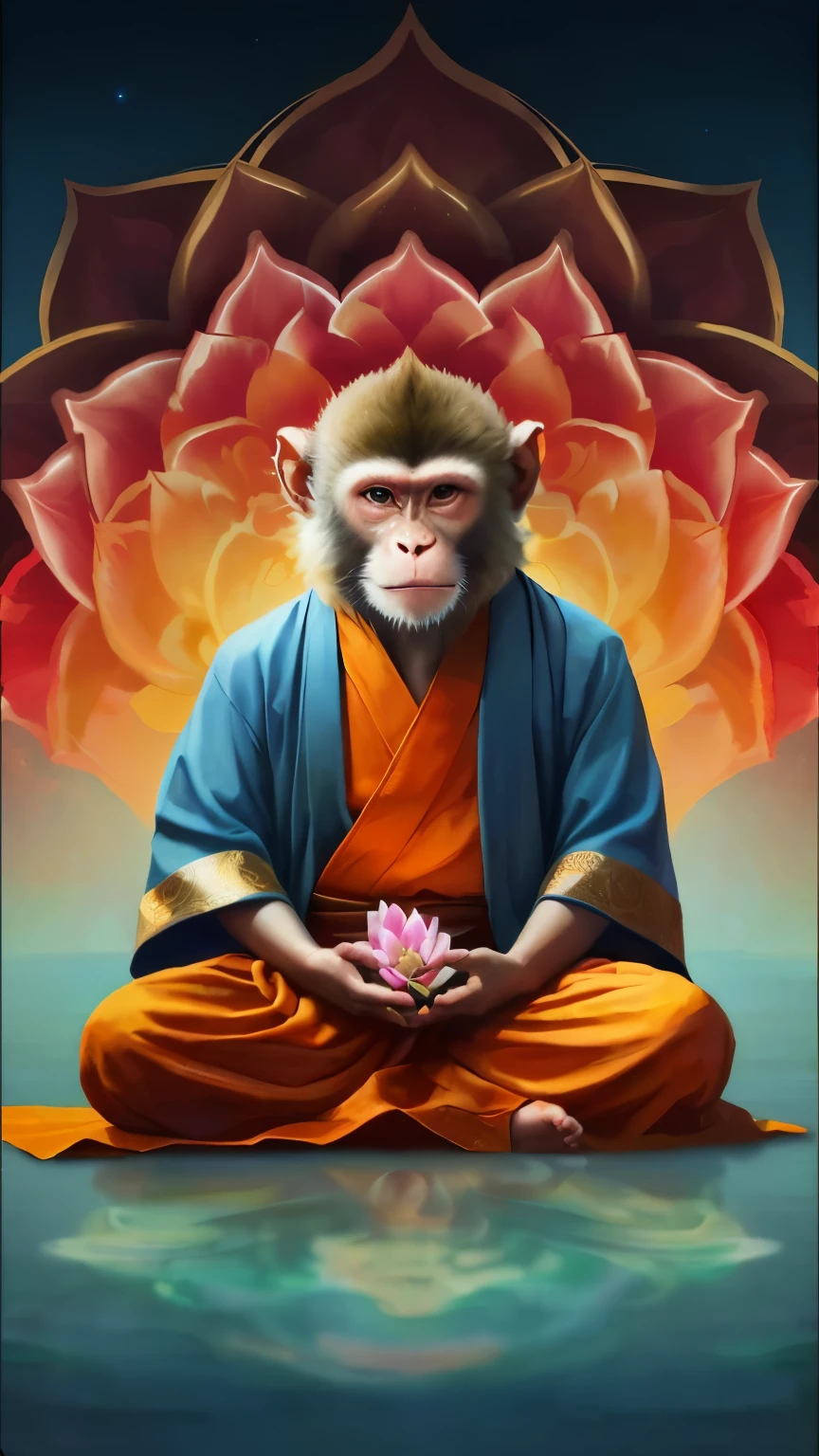 a painting of a monkey sitting in a lotus position with a flower in its hand, Buddhism, Sun Wukong, sitting on lotus, Buddhism徒, revelation, reincarnation, author：Galen Dara, indian god, monk meditate, monk, Beeple and Jeremiah Ketner, monkey, hindu god, spiritual revelation, Inspired by Yukimura Ohara