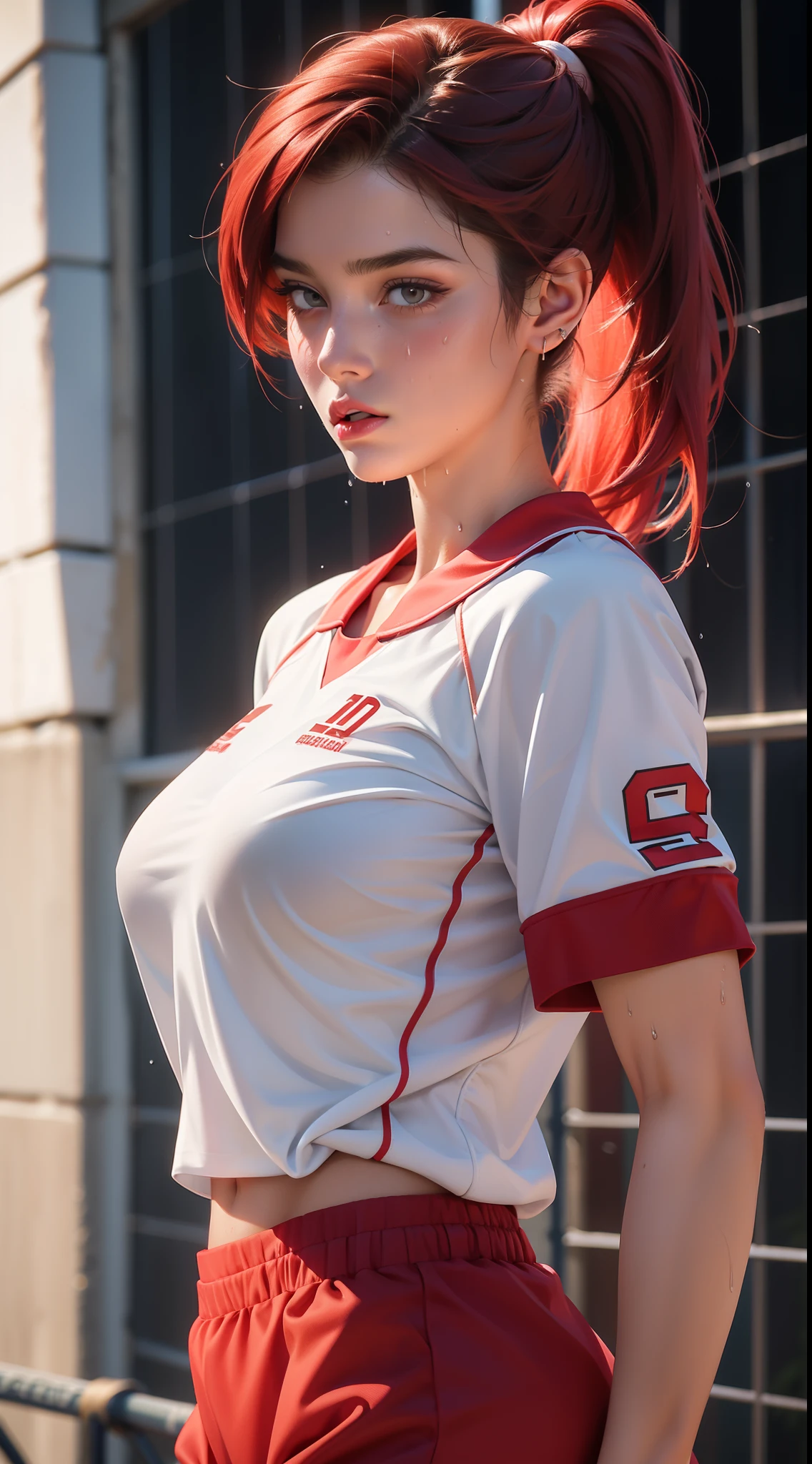 masterpiece:1.2, best quality), realistic, (real picture, intricate details, depth of field),
(1girl, solo), make up, parted lips, highly-detailed, perfect face, (medium breasts:1.4), small waist, tall,
glossy coral lips, red hairs, red eyes, ponytail, (A girl playing volleyball, white volleyball uniform),
(sweating:1.2), (wet), sexy, blushing,