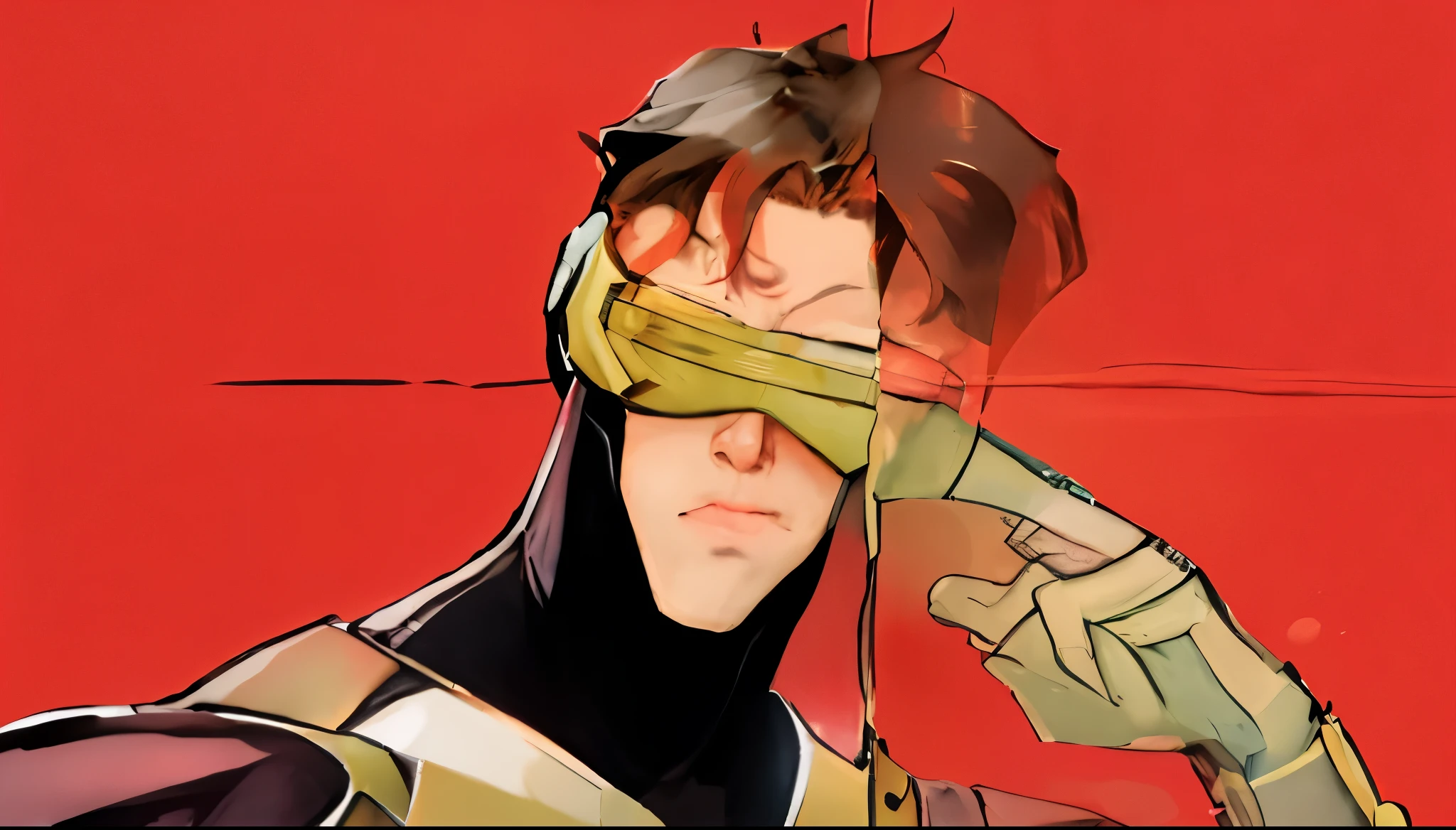 ((samdoesart)), um close up de uma pessoa em um traje preto e amarelo, ciclope, rosto Scott Summers, traje de X-Men, x men costume, Scott Summers,
