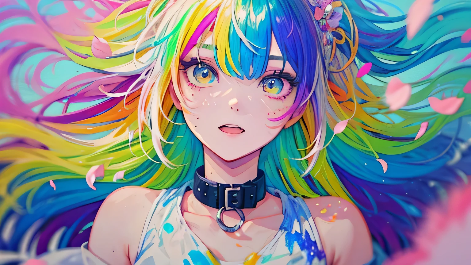 (Colorful hair: 1.8), (all colors of the rainbow: 1.8),(((((Vertical painting:1.6))), (Painting:1.6),Front, Comics, Illustrations, painting of a, largeeyes, Crystal clear eyes,( rainbow color gradient high ponytail:1.7), Exquisite makeup, smile face,(Small Fresh: 1.5),(Wipe Chest: 1.6) ,Long eyelashes, white off-the-shoulder T-shirt, White Shoulder Shirt,staring towards the viewer, watery big eyes, (Rainbow-colored hair:1.6), colored splashing, (Solo:1.8), colored splashing, Color explosion, Thick Paint Style, Messy lines, ((Shining)),(Colorful), (Colorful), (Colorful), Colorful, Thick Paint Style, (Splash) (colored splashing), Vertical painting, Upper body, Paint splashes, Acrylic Pigment, Gradient, Paint, Highest image quality, Highest quality, masutepiece, Solo, depth of fields, facepaint, multicolored clothing, (elegant: 1.2), Gorgeous,Long hair, Wind, (elegant: 1.3), (Flower petals: 1.4),(((masutepiece))),(((Best quality))),((Ultra-detailed)),(illustration),(Dynamic Angle),((Floating)),(Paint),((Disheveled hair)),(Solo),(1girl in) , (((Detailed anima face))),((beautifull detailed face)),Collar,Bare shoulders,White hair, ((Colorful hair)),((striated hair)),Beautiful detailed eyes,(Gradient color eyes),(((Colorful eyes))),(((Colorful background))),(((High color saturation))),(((Surrounded by colorful splashes))), big breast