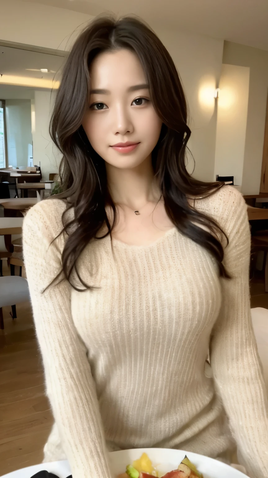 ((top-quality、8k、​masterpiece:1.3))、Beautiful woman with perfect body:1.4、slim abdomen:1.2、Longhair, normal breast, Highly detailed facial and skin texture, A detailed eye, delicate eyes, double eyelid, (smile), (full body shot), ((high class restaurant)), (sitting on chair), (((wearing white sweater dress1.1)), looking in front, (food on table)