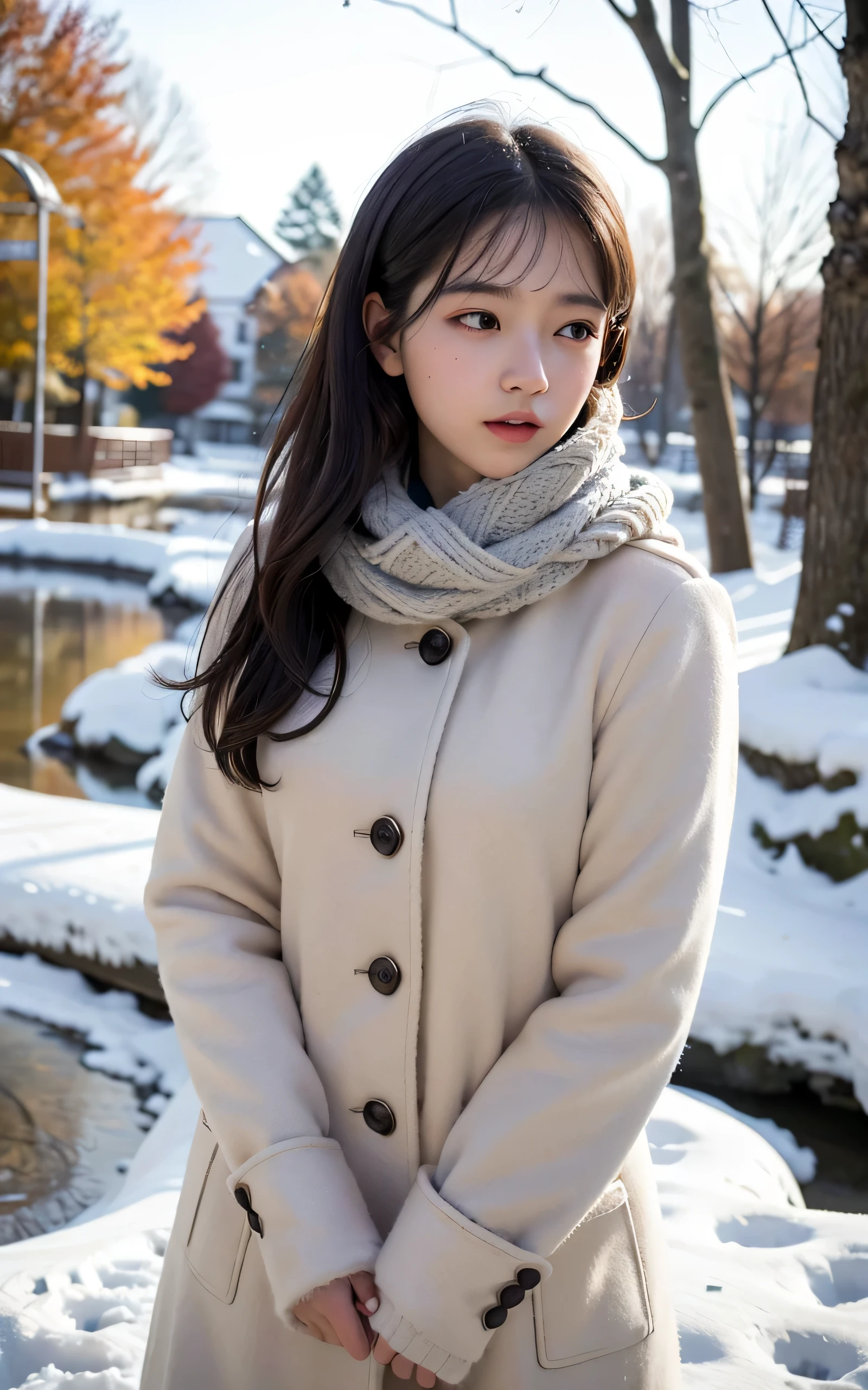 masterpiece, highest quality, RAW photo, 8k, 1 girl, Fine and beautiful skin, Backlight, soft light, shy, embarrassing, luminescent, look away, anatomically correct, medium hair, Eye and face details, rough skin, professional photography, Bokeh, portrait, professional lighting, alone, Petrified, cute, Girly, film grain, winter coat, knitted scarf, A babbling stream covered in snow,