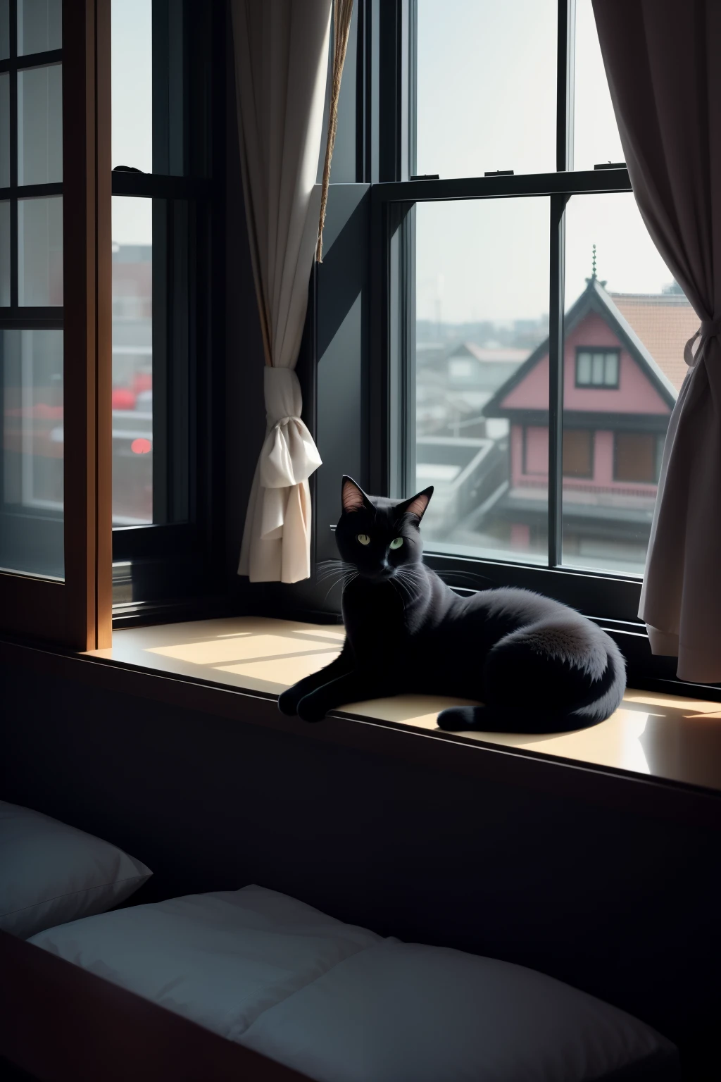 Black catが窓辺に座って外を眺めていました, Cat on the windowsill, sitting on the window sill, cat sleeping by the window, lofi portrait at a window, Photographed with Sony α7R camera, 毛糸でできた街のBlack cat, Black cat, cat on the table in front of her, leaning against the window, portrait photography