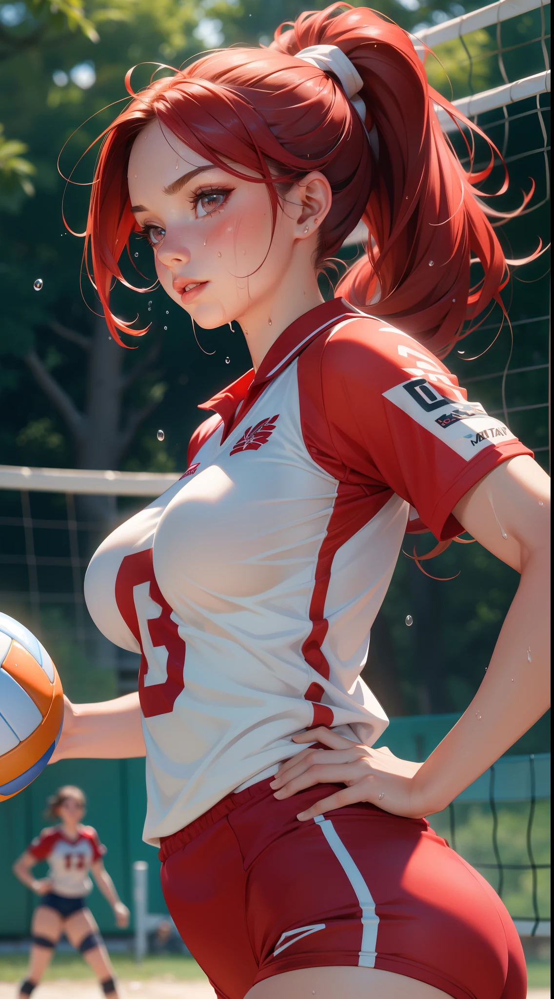 masterpiece:1.2, best quality), realistic, (real picture, intricate details, depth of field),
(1girl, solo), make up, parted lips, highly-detailed, perfect face, (medium breasts:1.4), small waist, tall,
glossy coral lips, red hairs, red eyes, ponytail, (A girl playing volleyball, white volleyball uniform),
(sweating:1.2), (wet), sexy, blushing,