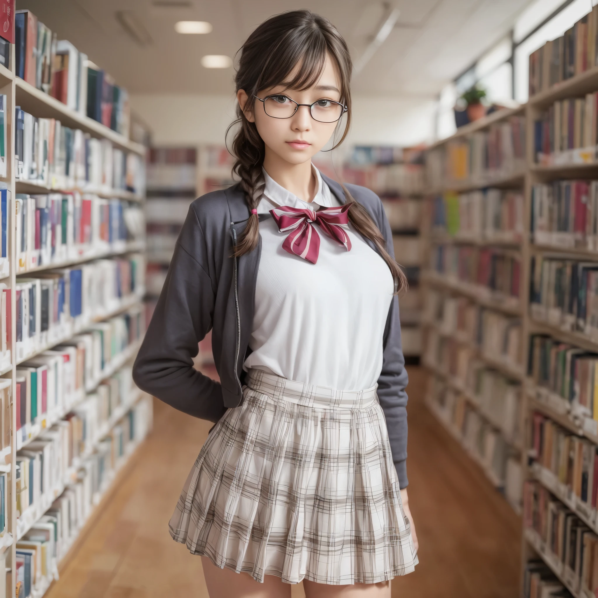 (RAW photo:1.2), (realistic), beautiful detailed girl, highly detailed eyes and face, thin and beautiful eyes, huge file size, High resolution, very detailed, highest quality, [table top:1.6], shape, very detailed, small details, highest quality, 8k wallpaper, movie lighting,  Japanese junior highl student, I着姿でポーズ, underwear only,  wearing glasses, braid hairstyle, Her shirt is open and her white bra is visible..,  I can see your underwear,　Her skirt is down and her white panties are visible.,  serious expression, I read a book,  slender body, immature body, young face, small breasts, White underwear is exposed,  In the library, bookshelf