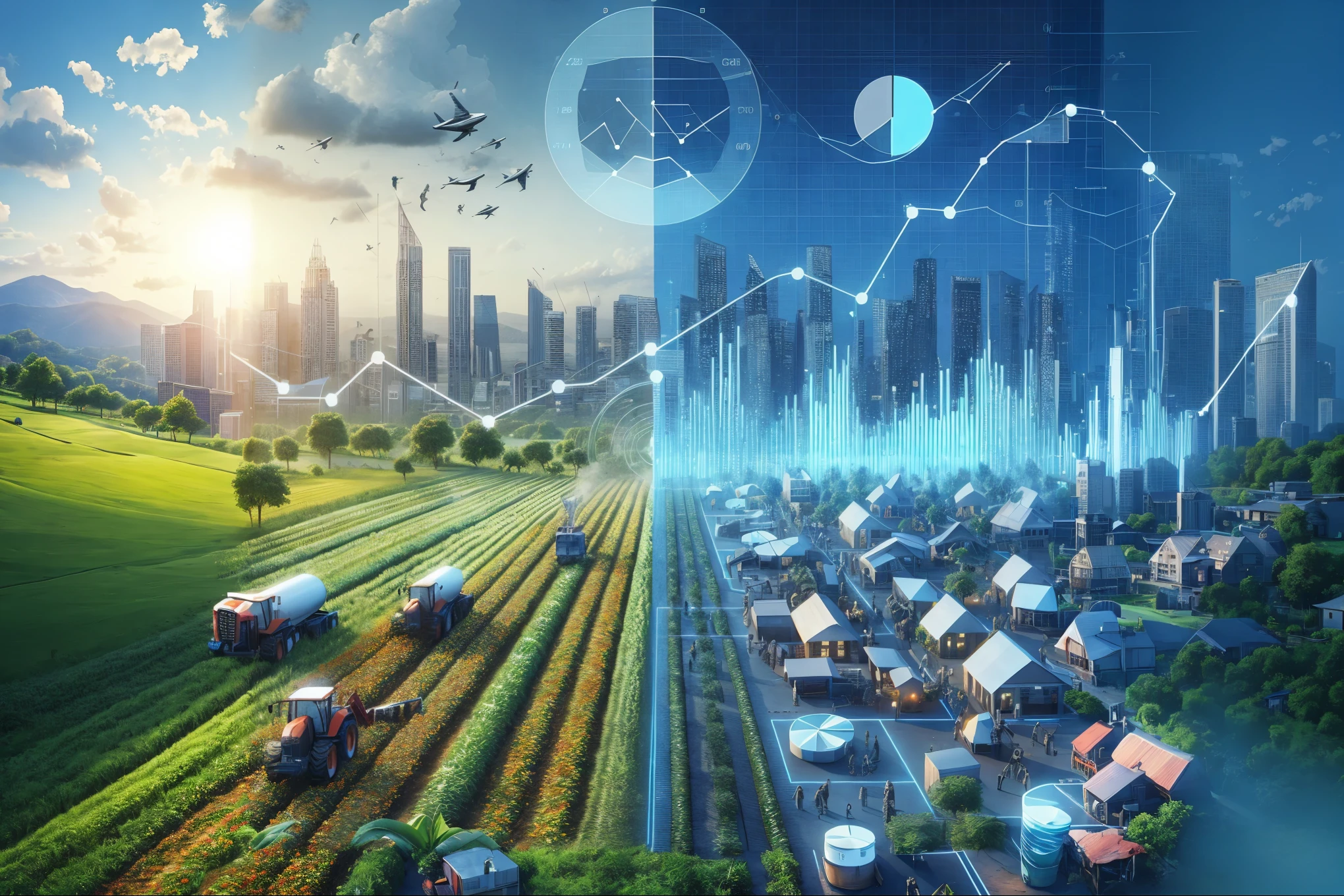 Comparison between modern farming and traditional farming,One side is efficient operation,On the other side is a scene of intensive and heavy agricultural production.,The difference in production efficiency between the two is visually displayed using data and graphics.