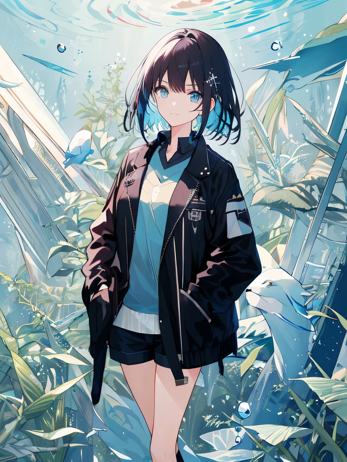 ((highest quality)), ((masterpiece)), ((super detailed)), (very delicate and beautiful), with a girl, solo, cold attitude,((black jacket)),she is very(relax)with(Calm)Appearance,black haired, Depth of the bounds written,evil smile,bubble, underwater, bubbles,bright light blue eyes,Inner color of black hair and light blue hair tips,cold background,Bob Hair - Linear Art, shorts、knee high socks、Camisole inner shirt、put one's hand in one's pocket